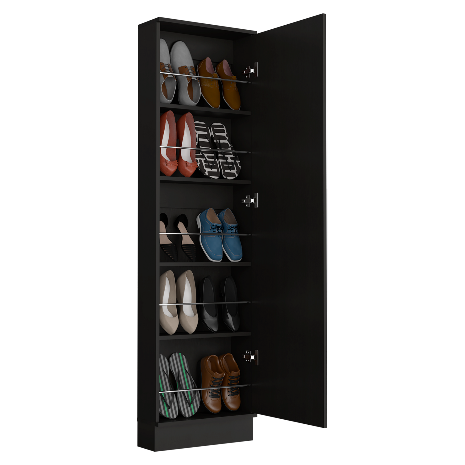 Ruan Xl Shoe Rack, Mirror, Five Interior Shelves, Single Door Cabinet Black Mdf Engineered Wood