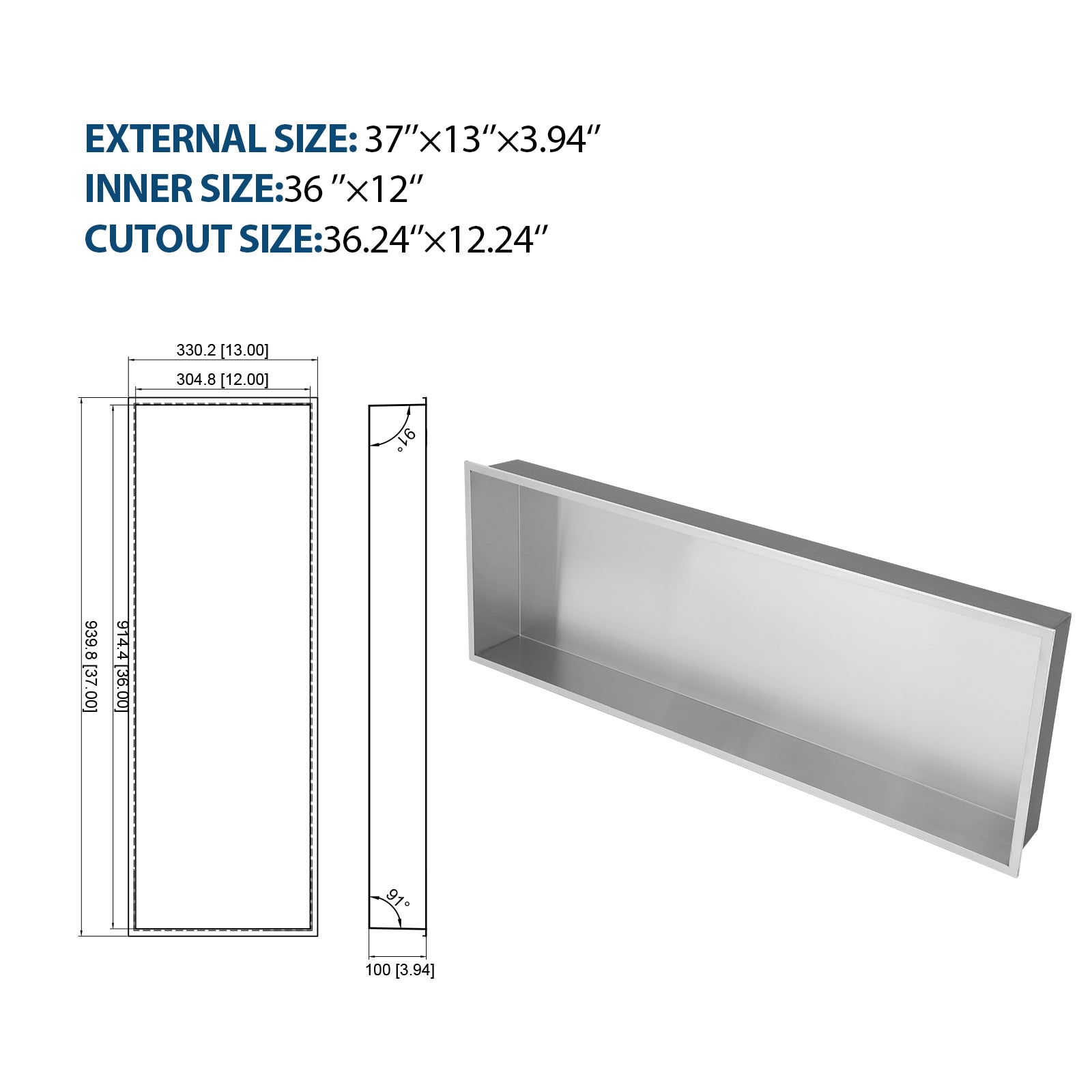 37" X 13" Stainless Steel Shower Niche, Brushed Nickel Brushed Nickel Stainless Steel