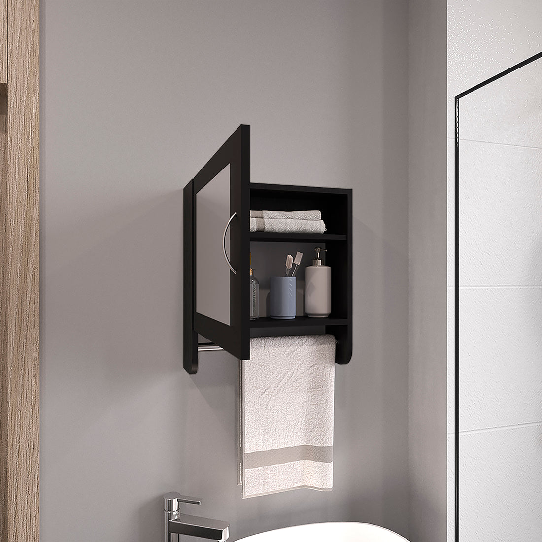 Botiq 19.7" H X 17.7" W Mirror Medicine Cabinet With Towel Rack White, One Door With Two Interior Shelves For Bathroom, Kitchen Black Black Particle Board