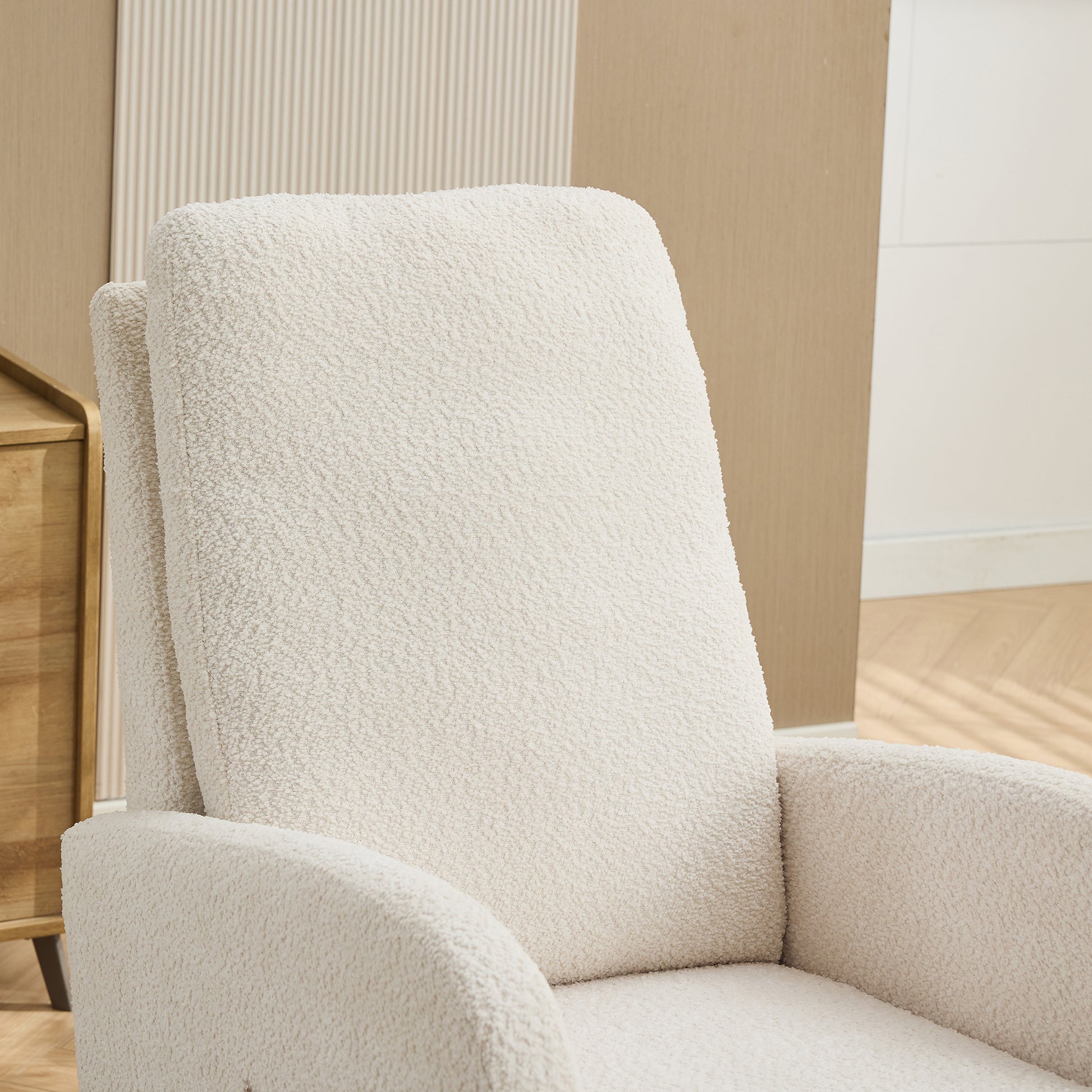 25.4"W Rocking Chair For Nursery, High Back Glider Chair With Retractable Footrest, Side Pocket, Rocking Accent Armchair With Rubber Wood Legs For Living Room Bedroom.Ivory Ivory Boucle