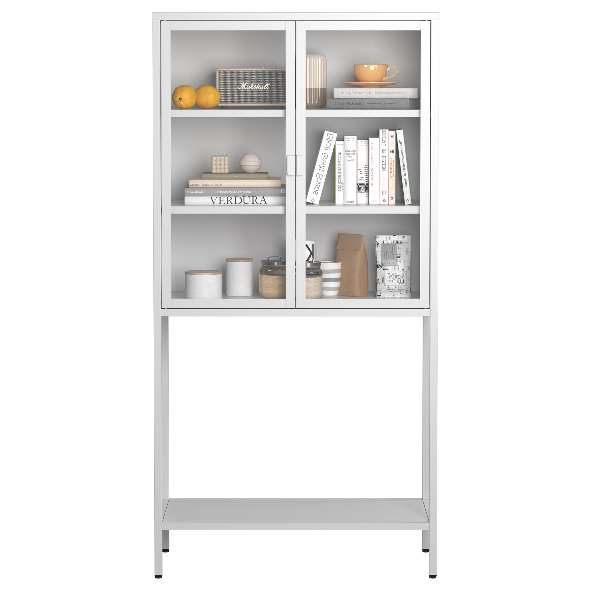 59"H Heavy Duty Metal Storage Cabinet, Display Storage Cabinet With Glass Doors And 2 Adjustable Shelves, Tall Bookcase Modern Bookshelf Cabinet For Home Office, Living Room, Pantry Accent Chests 1 2 Shelves Antique White Primary Living Space Glass Doors