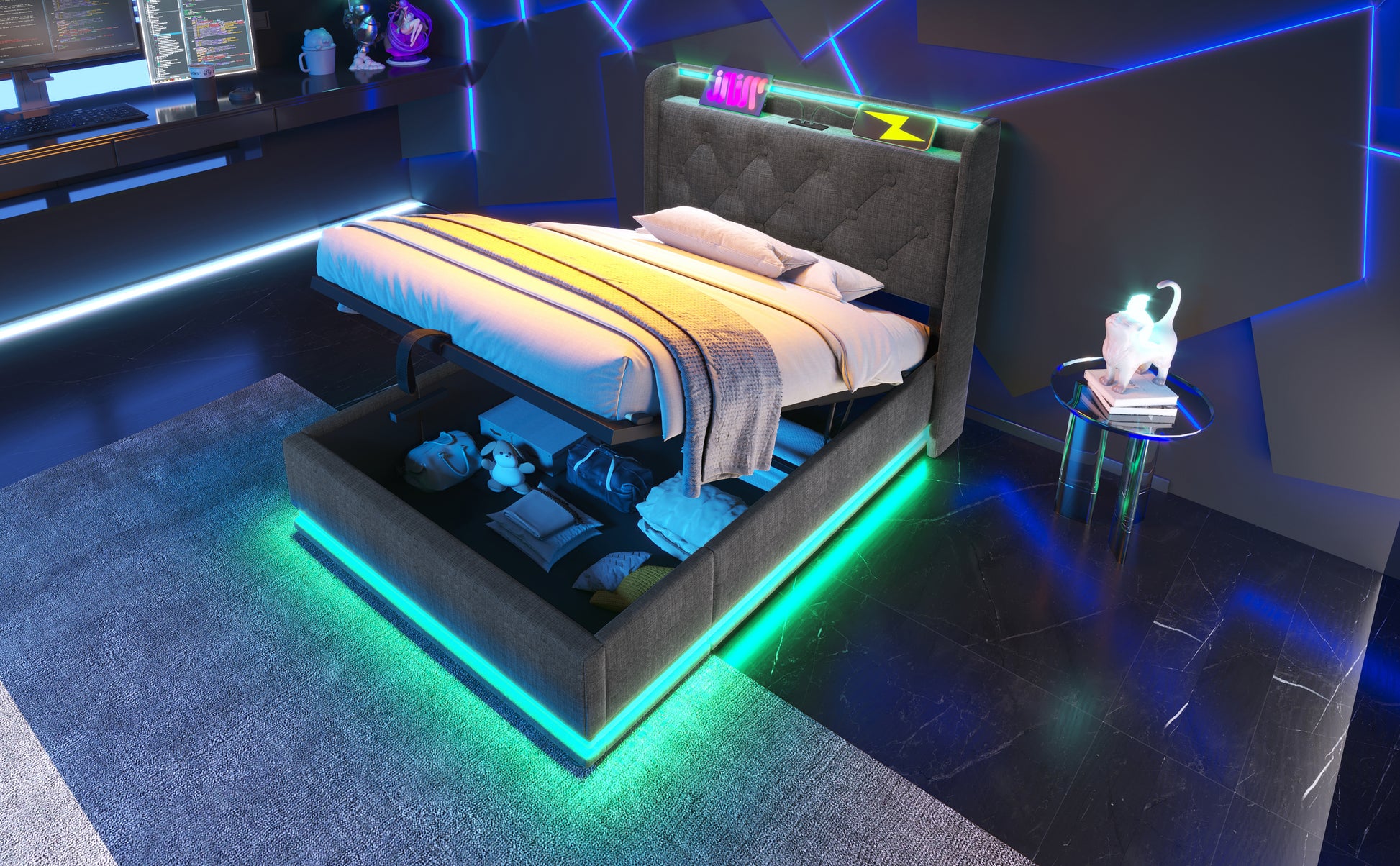 Twin Size Upholstered Bed, 360 Surround Led Function, Buttons Apps Remote Control, Hydraulic Storage Bed With Usb Type C Charging, Gray,Linen Without Mattress Twin Gray Linen