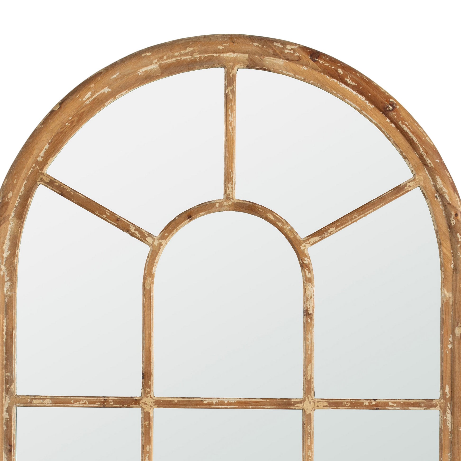 54 Inch Wall Mirror With Window Pane Design, Fir Wood, Distressed Brown Brown Wood