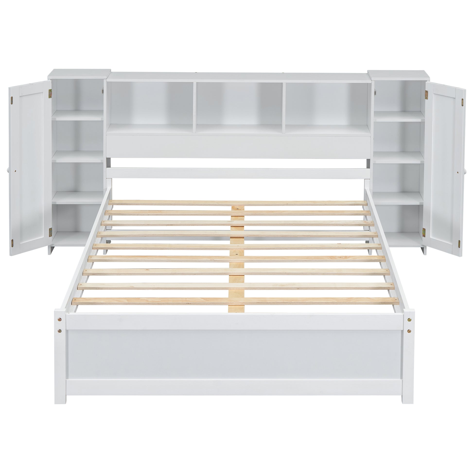 Full Size Platform Bed With Storage Headboard And Lockers, White Full Box Spring Not Required White Wood Bedroom Solid Wood Mdf
