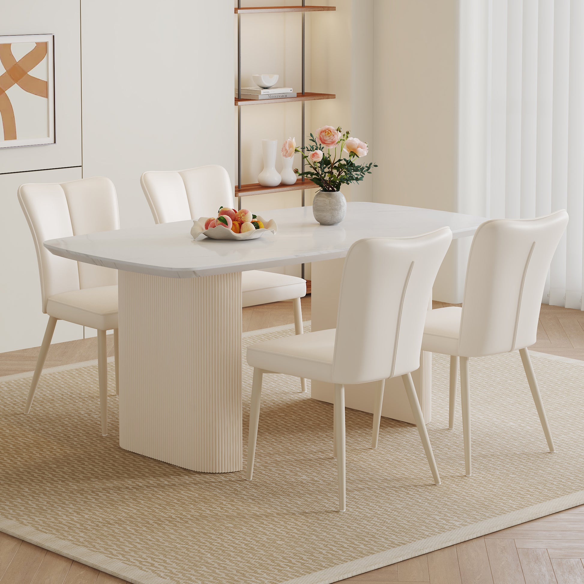 Table And Chair Set.67*35.4 Cream Style Mdf White Dining Table Set With 4 Cream Style Dining Chairs With A Vertical Line Design On Backrest.Adding A Warm And Gentle Atmosphere To Your Family. White