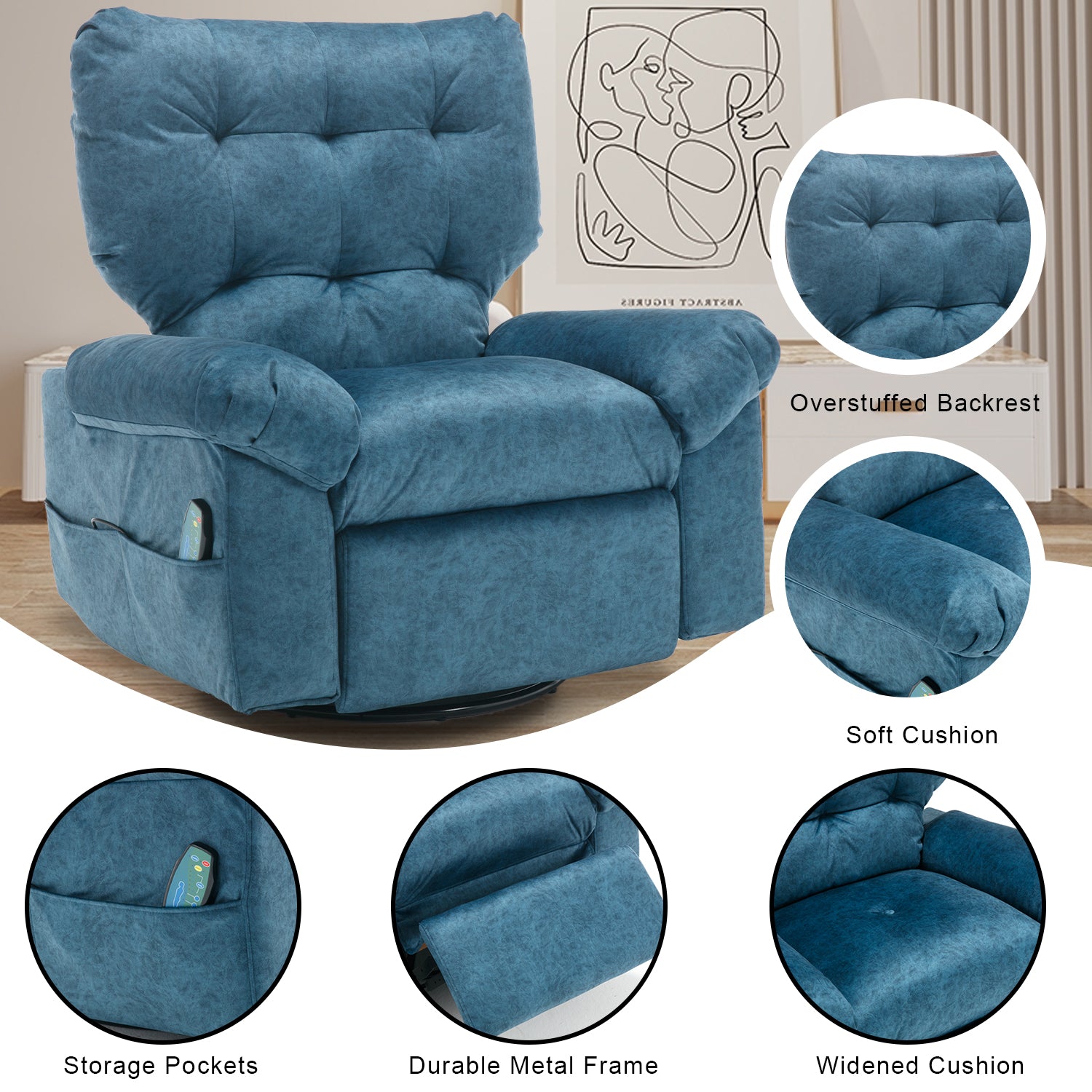 Overstuffed Rocker Recliner Chair With Massage And Heat, 360 Swivel Fabric Wide Seat Single Sofa Lounge Chairs With Side Pocket, Manual Home Theater Recliners For Living Room Blue Metal Soft Heavy Duty Textile