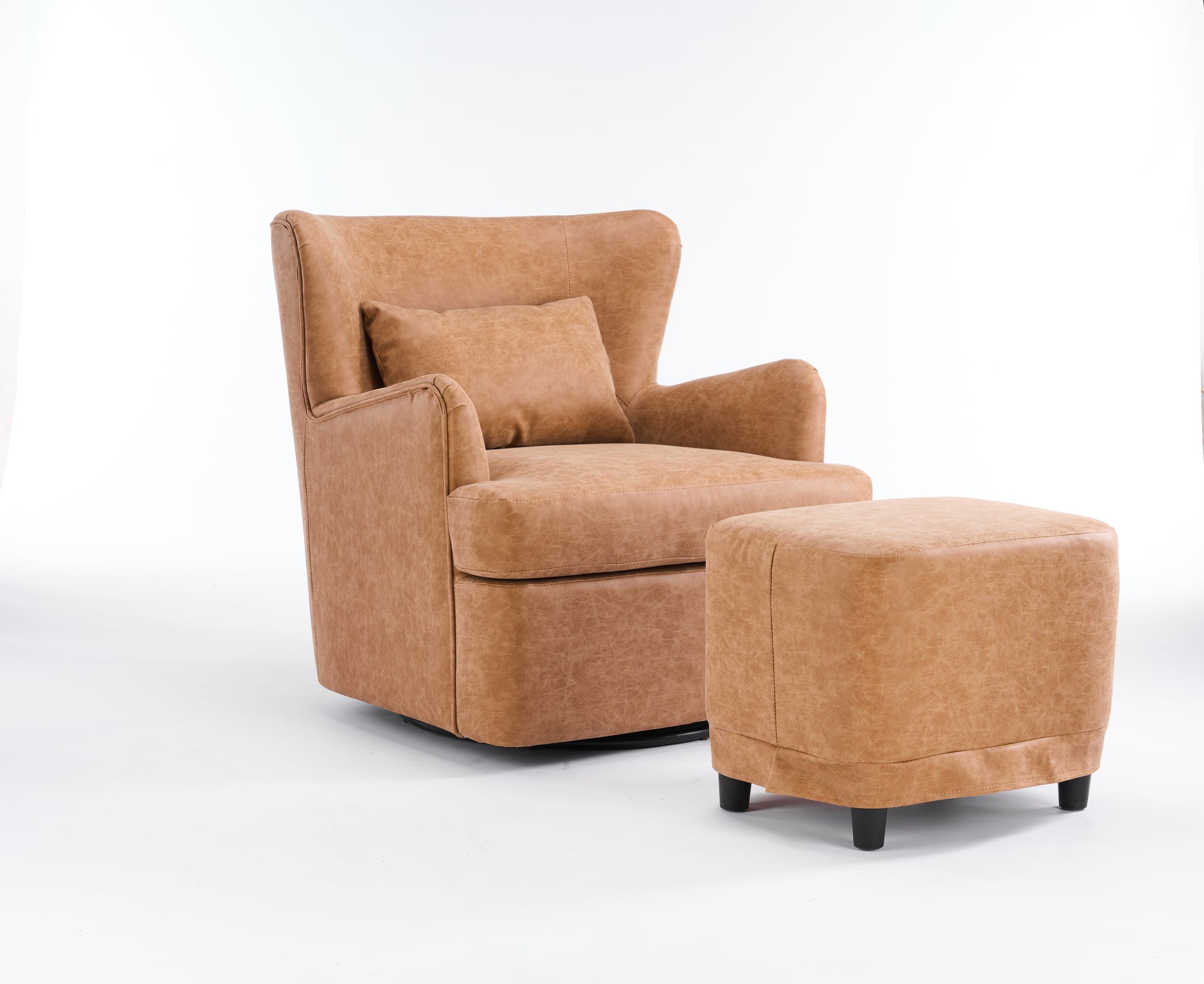 Synthetic Leather Upholstered Swivel Chair, 360 Swivel Comfort Round Armchair, Single Sofa Chair With Lounge Seat For Bedroom Office Reading Space, Set Of 1 ,Brown Yellow Brown Yellow Wood