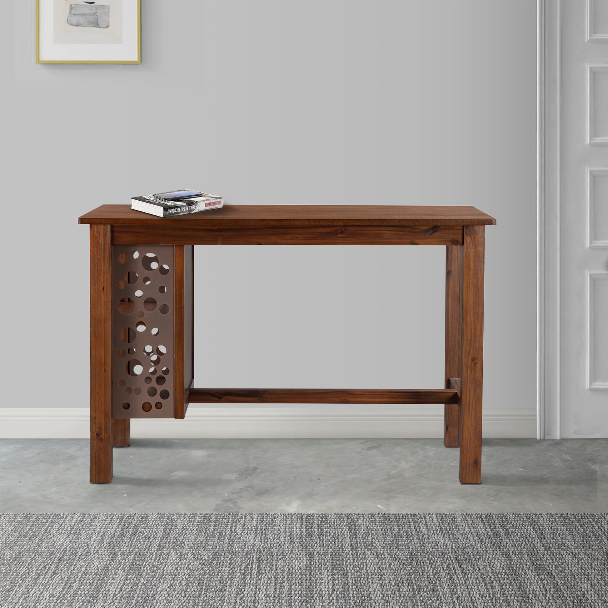 Bada 47 Inch Rectangular Bar Table With 3 Shelves And Metal Accents, Brown Brown Acacia Wood