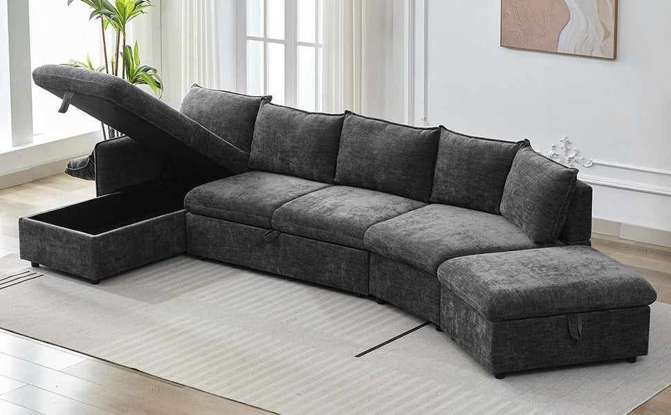 146.9" L Shaped Sofa Sectional Sofa Couch Pull Out Sofa Bed With A Movable Storage Ottoman, A Storage Chaise Lounge And Two Usb Ports For Living Room, Grey Grey Foam Linen 5 Seat