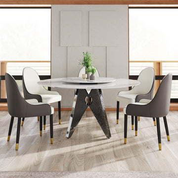 59.05" Round Marble Dining Table With Silver Stainless Steel Design Base, Artificial Marble For 6 8 People, 31.5"White Artificial Stone Turntable,White Dining Table Only Silver,White Dining Room