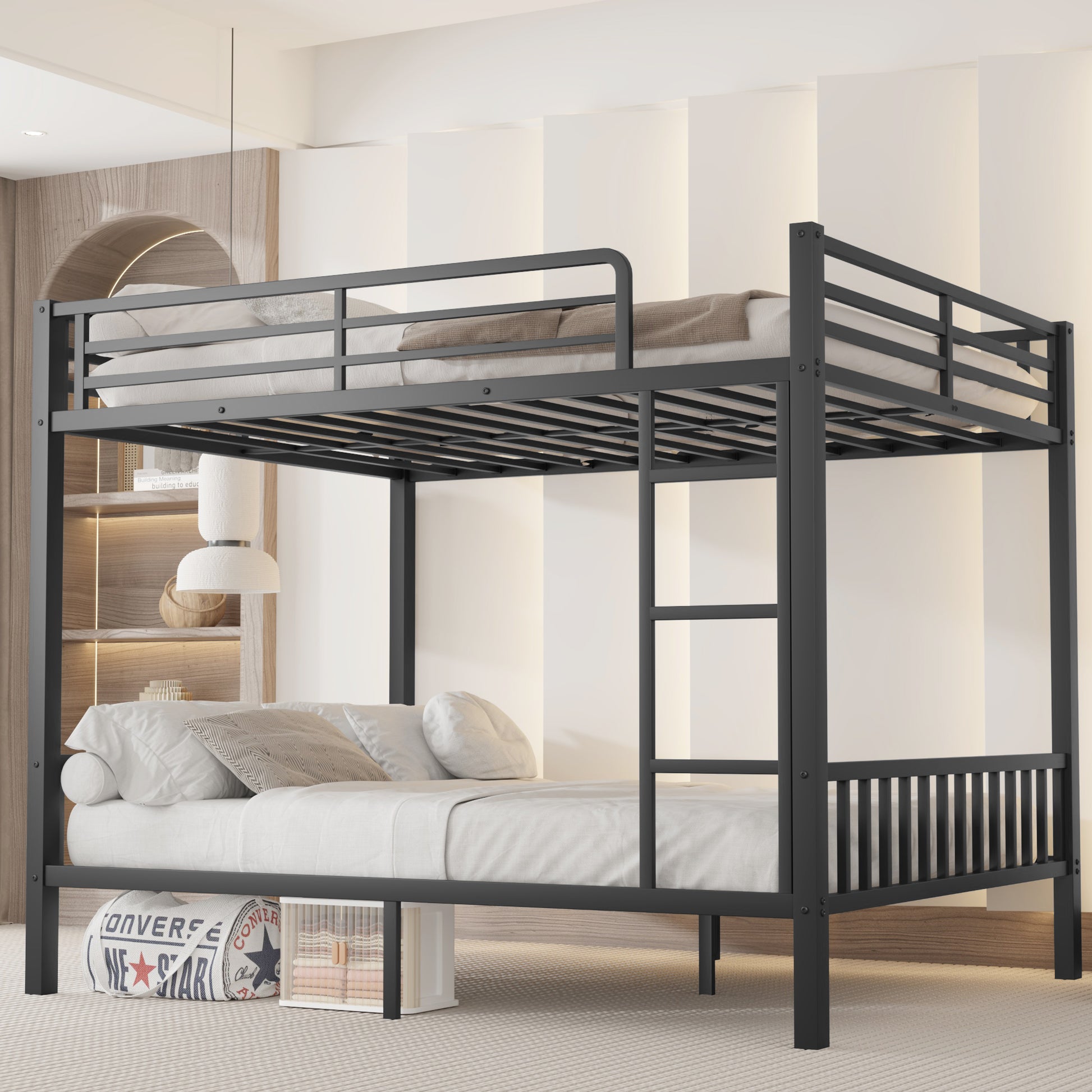 Queen Over Queen Metal Bunk Bed With Ladder And Slats Support For Adults Teens, Black Box Spring Not Required Queen Black Metal Bunk Metal
