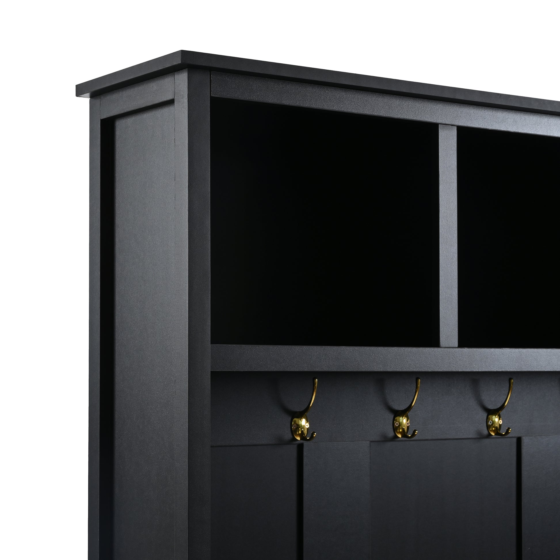 Versatile 4 In 1 Hall Tree With 6 Golden Hooks, Brown Wood Grain Bench With Multiple Storage Space, Entryway Coat Rack With 2 Drawers For Living Room, Hallway, Black, 47.2''W*76.6''H Black Primary
