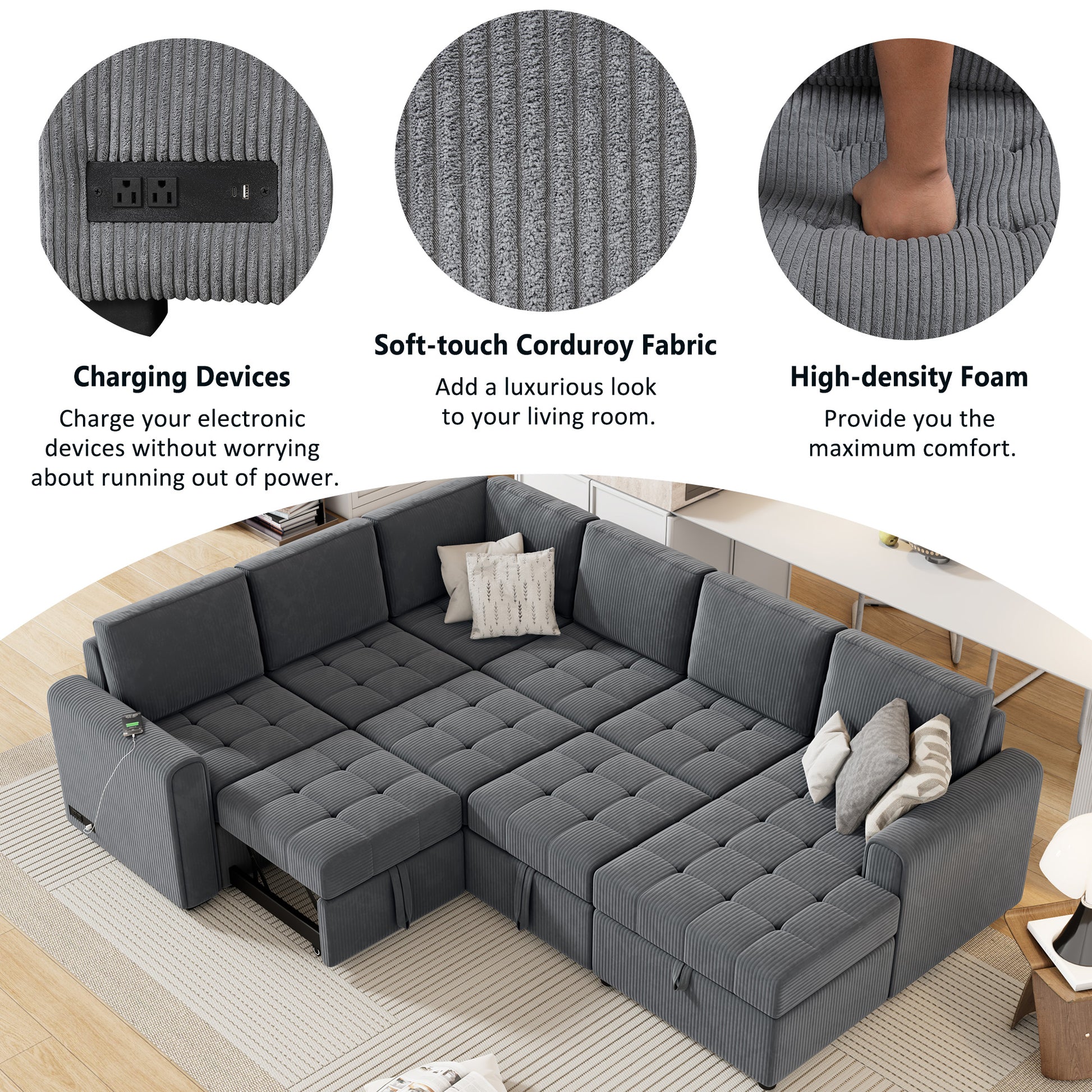 107.5" U Shaped Sofa Sectional Sofa Pull Out Sofa Bed With A Storage Chaise Lounge, Charging Devices For Living Room, Gray Gray Foam Corduroy 5 Seat