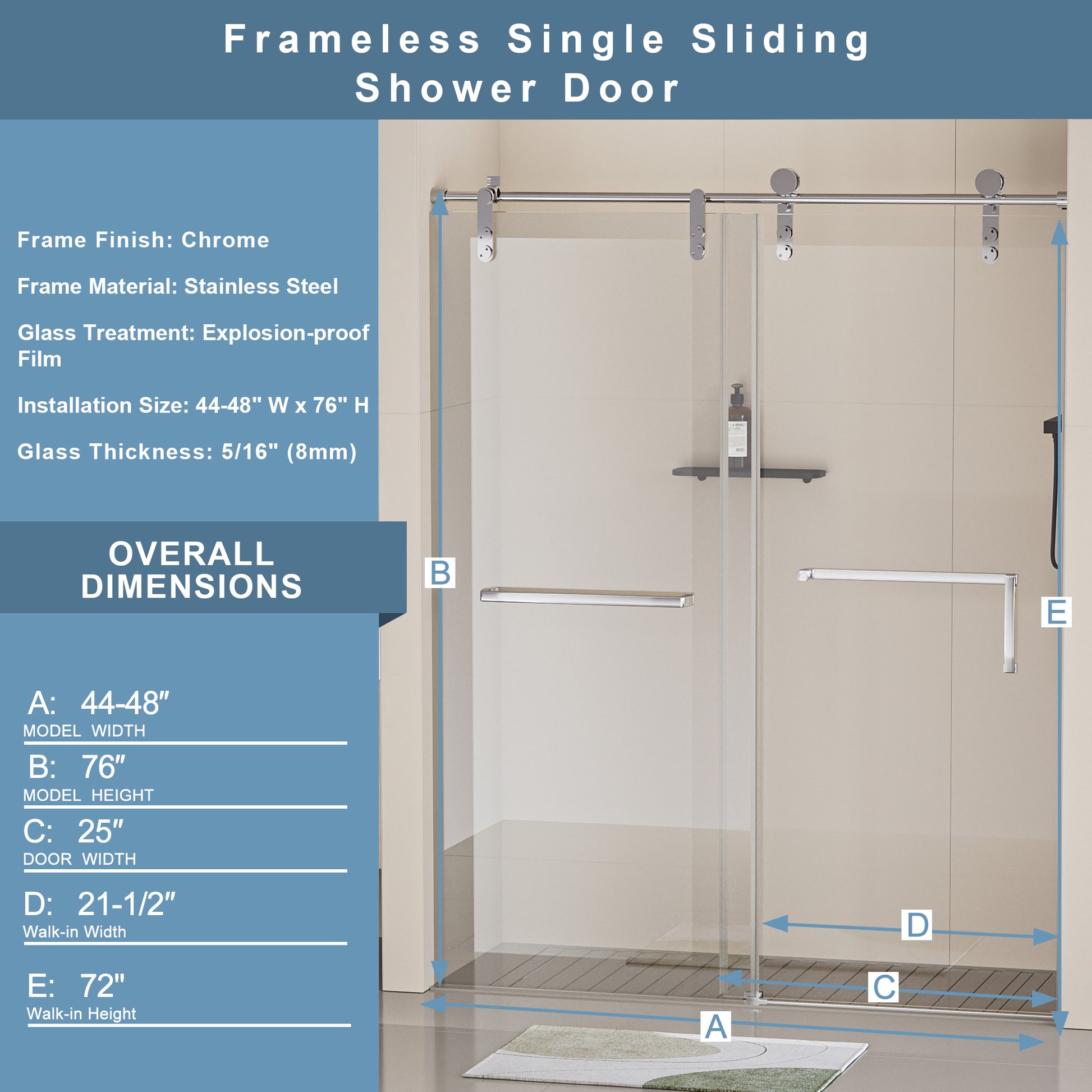 44 48 In. W X 76 In. H Frameless Shower Door, Single Sliding Shower Door, 5 16" 8Mm Clear Tempered Glass Shower Door With Explosion Proof Film, Stainless Steel Hardware, Chrome Finish, 24D210 48C Chrome Stainless Steel