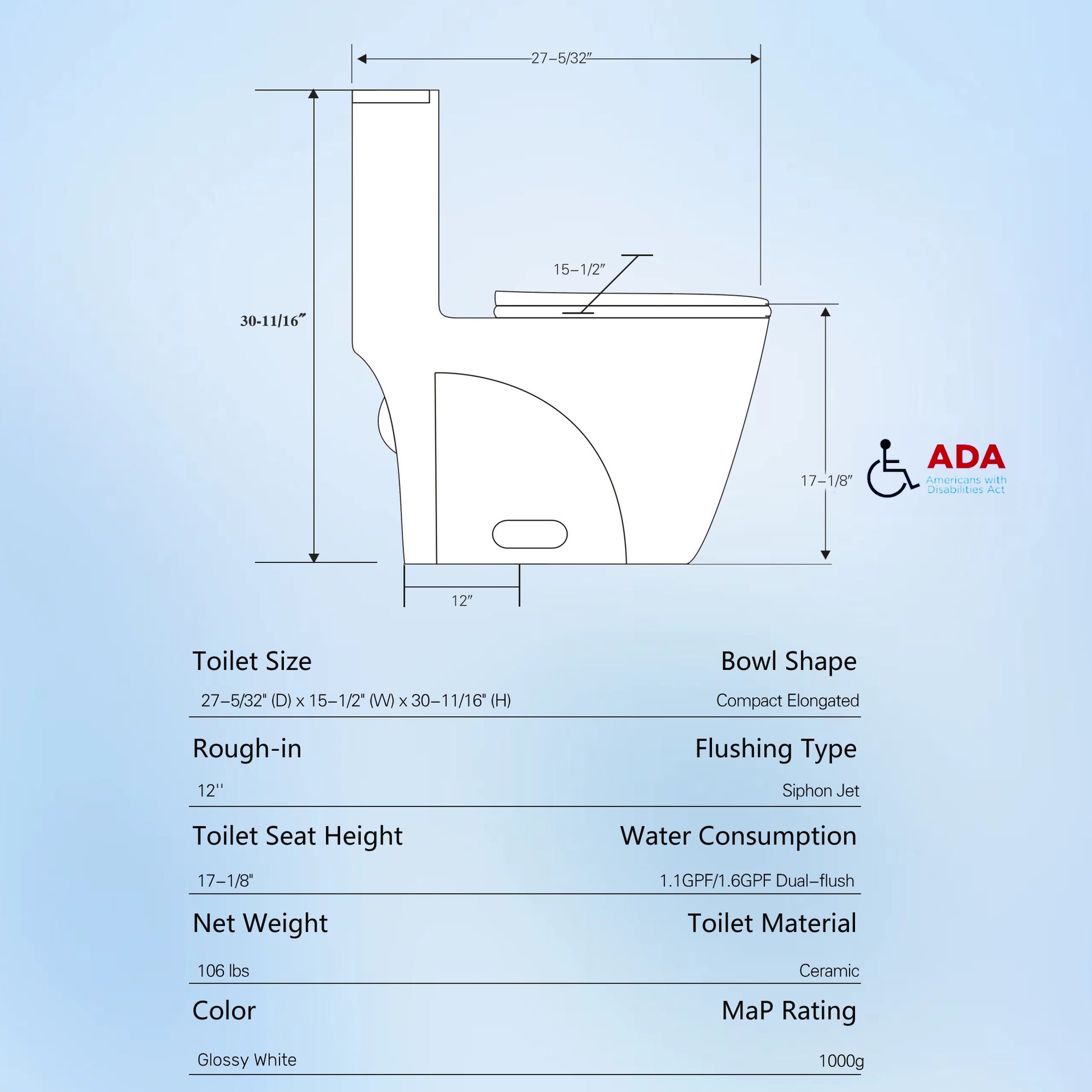 One Piece Toilet, 1.1 1.60 Gpf Water Efficient Dual Flush Elongated Comfort Height Floor Mounted, Standard Size Toilet With Soft Closing Seat Included, Glossy White 24T01 Gw Gloss White Ceramic