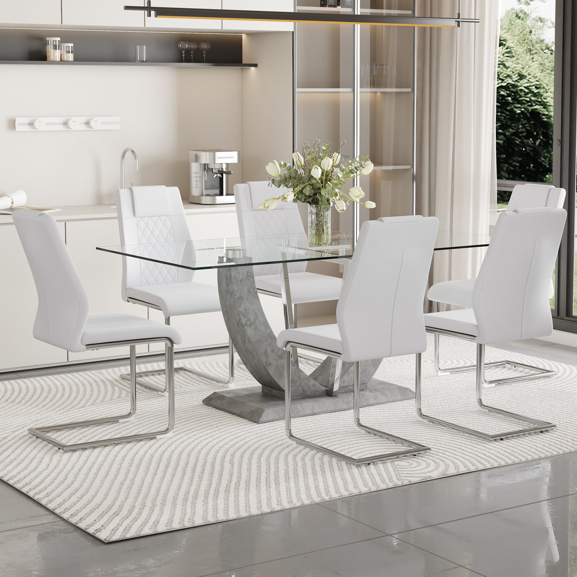 Table And Chair Set, Large Modern Rectangular Glass Table, Can Accommodate 6 8 People, Equipped With A 0.39 Inch Tempered Glass Tabletop And Large Mdf Table Legs, Comfortable And Soft Chairs. Transparent Glass