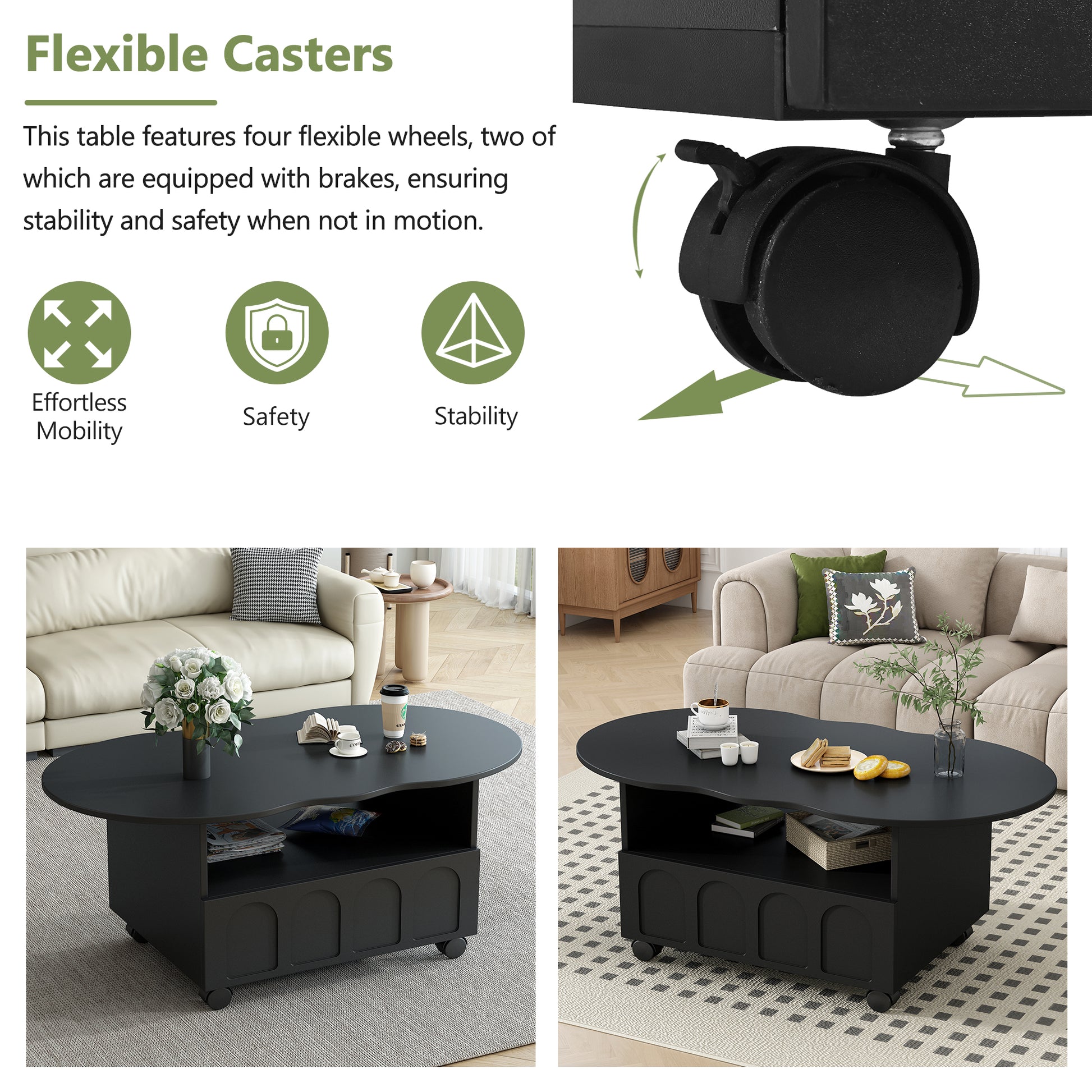 Flexible Cream Style Coffee Table With 2 Brake Wheels, Cloud Top Side Table With Drawer, Irregular Center Table With Large Storage For Living Room, Black, 39.37''X 23.6'' Black Particle Board