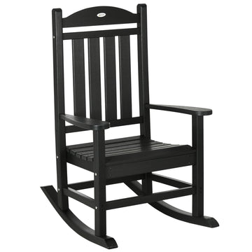 Outsunny Outdoor Rocking Chair, All Weather Resistant Hdpe Rocking Patio Chairs With Rustic High Back, Armrests, Oversized Seat And Slatted Backrest, 350Lbs Weight Capacity, Black Black Plastic