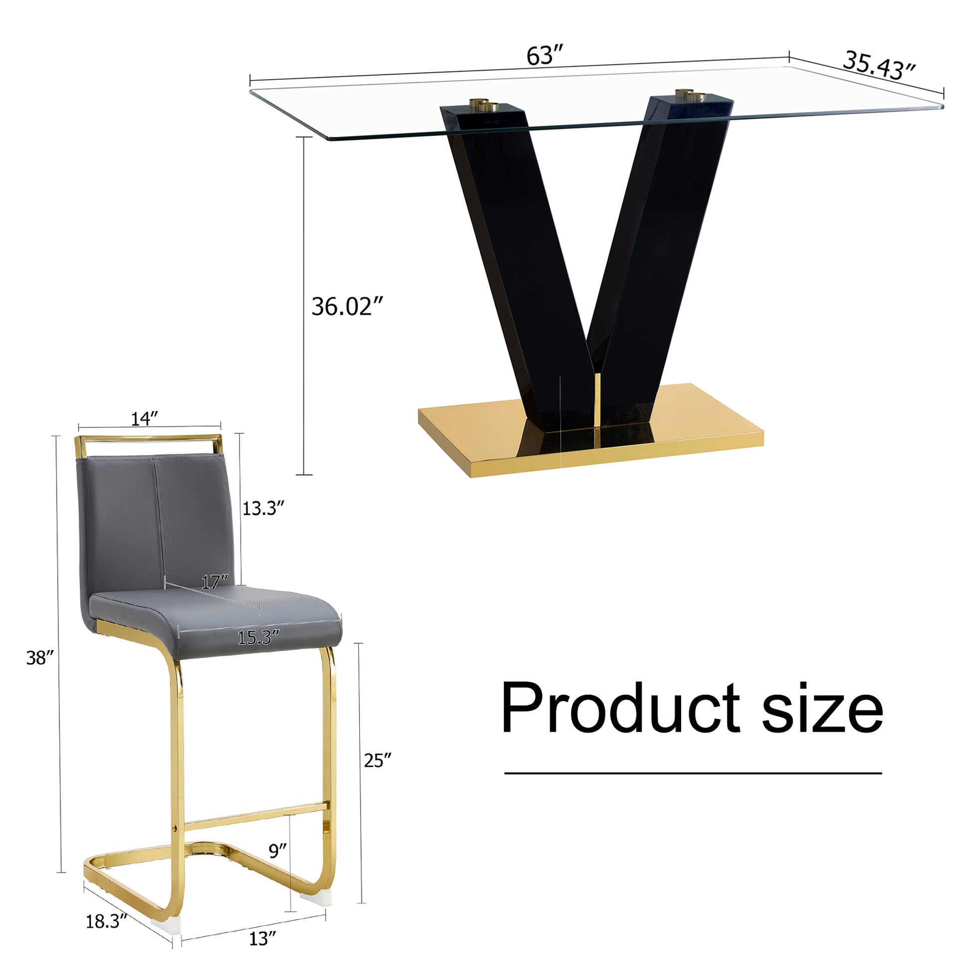 Table And Chair Set,Clear Tempered Glass And Black Legs Of The Table, Pu And Gold Legs Of The Chair Black Grey Seats 6 Tempered Glass
