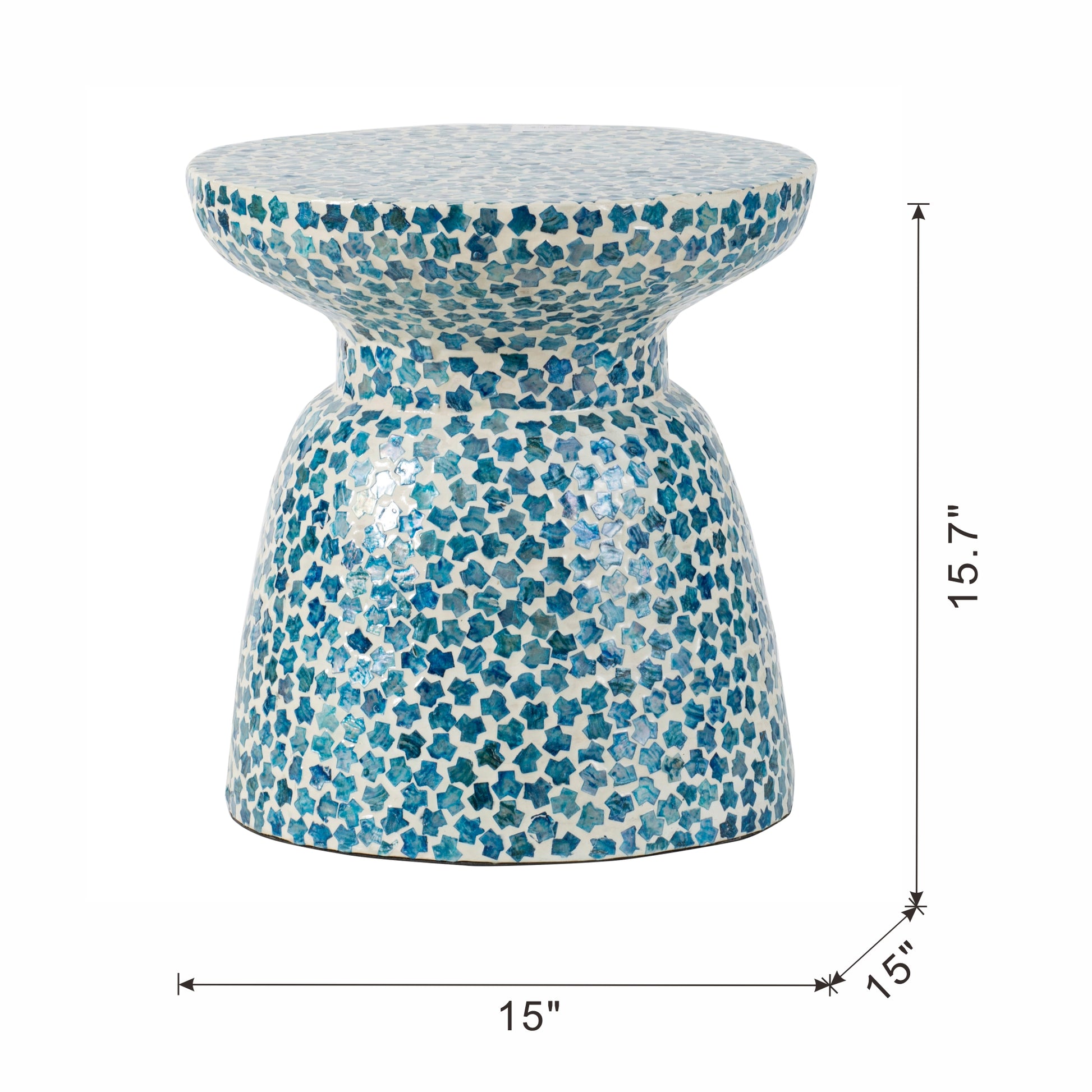 D15X16" Capiz Garden Stool Small Side Tabel, Blue Accent Round End Table Blue Primary Living Space Bamboo