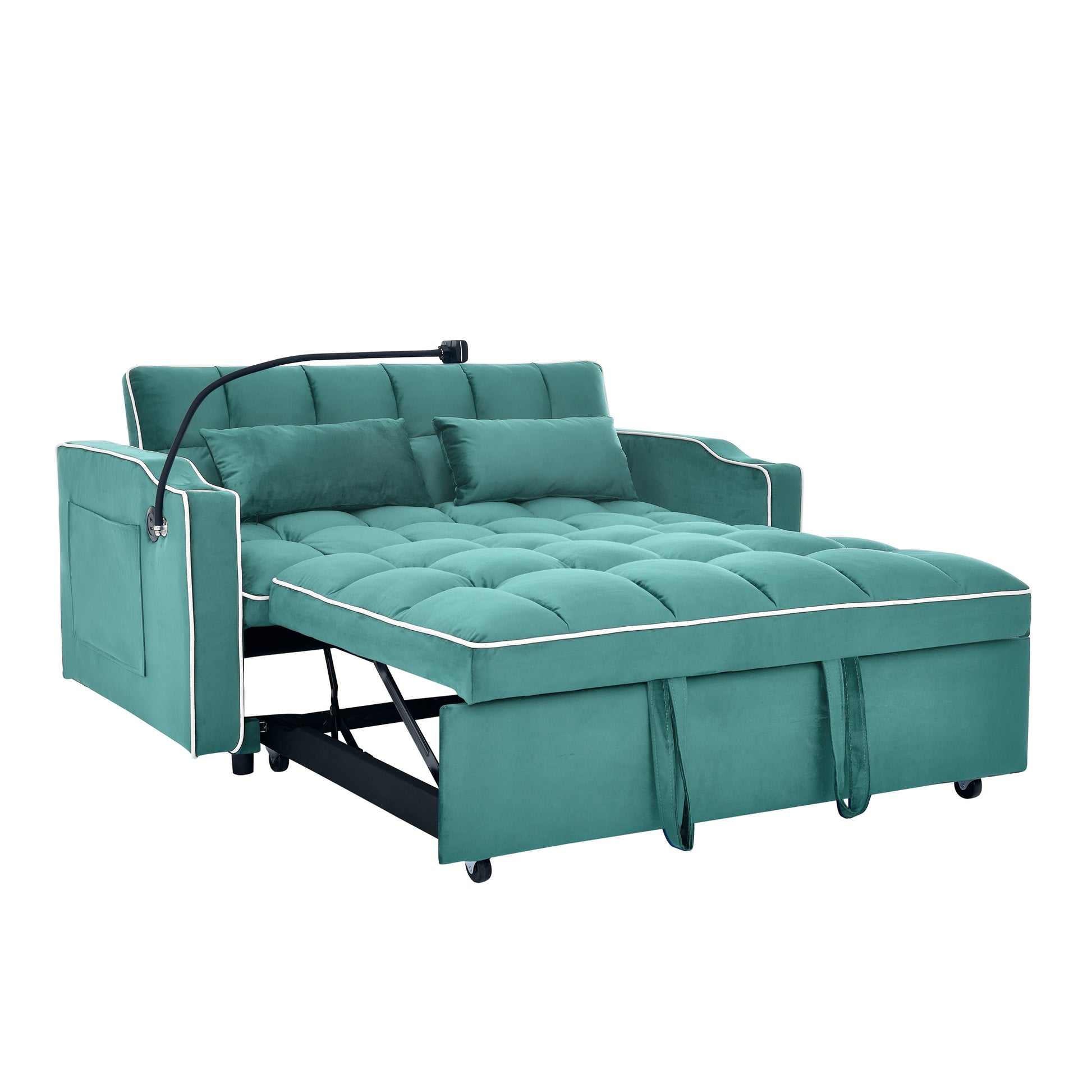 55.51 Inch Versatile Foldable Sofa Bed In 3 Lengths, Modern Sofa Sofa Sofa Velvet Pull Out Bed, Adjustable Back And With Usb Port And Ashtray And Swivel Phone Stand Green Full Antique Blue Green