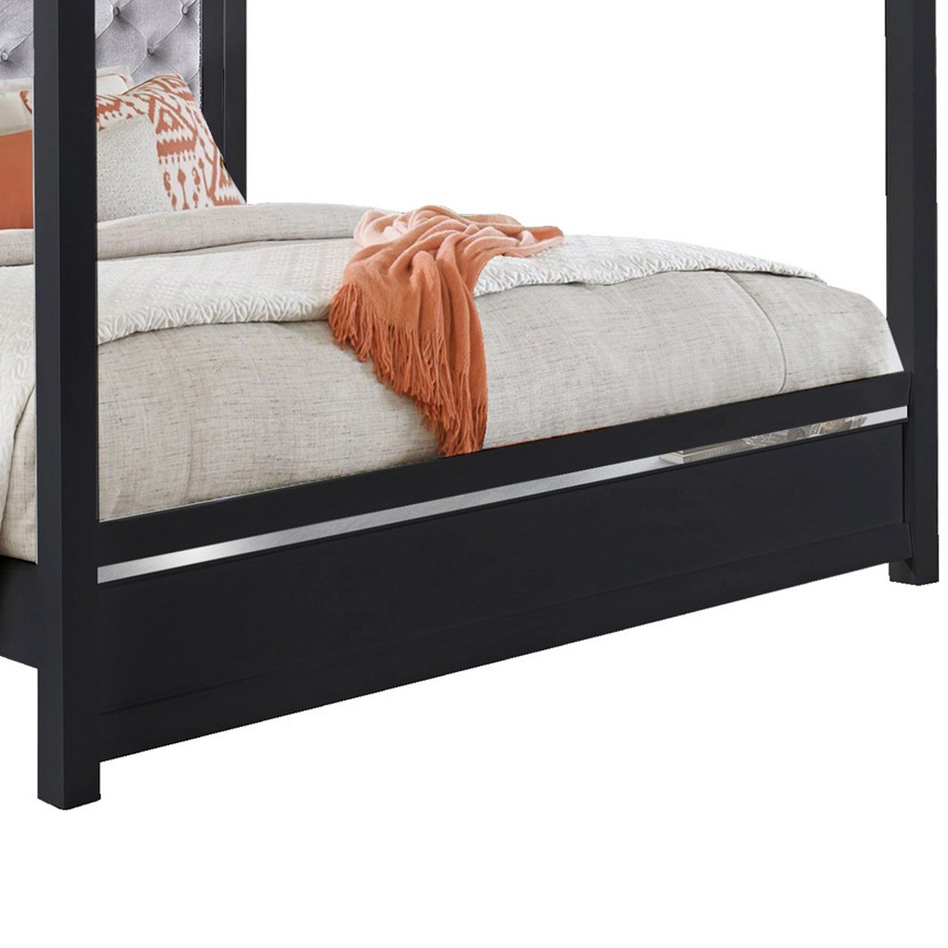 Abrie Solid Wood Canopy Queen Bed, Button Tufted, Touch Led, Dark Gray Queen Gray Solid Wood