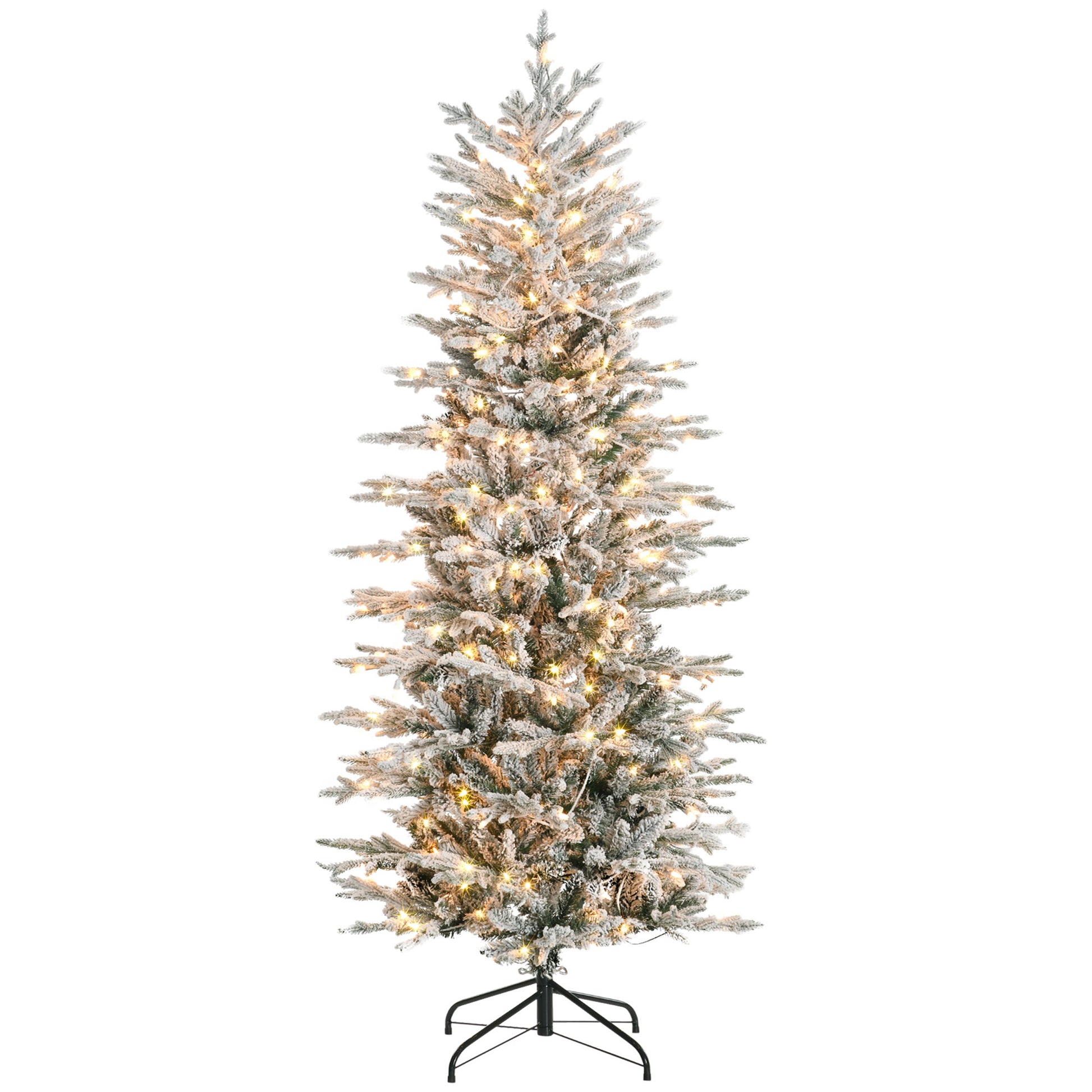 Homcom 6Ft Tall Prelit Artificial Christmas Tree Holiday D Cor With 636 Snow Flocked Branches, 250 Warm Yellow Clear Lights, Auto Open, Extra Bulb Green Plastic