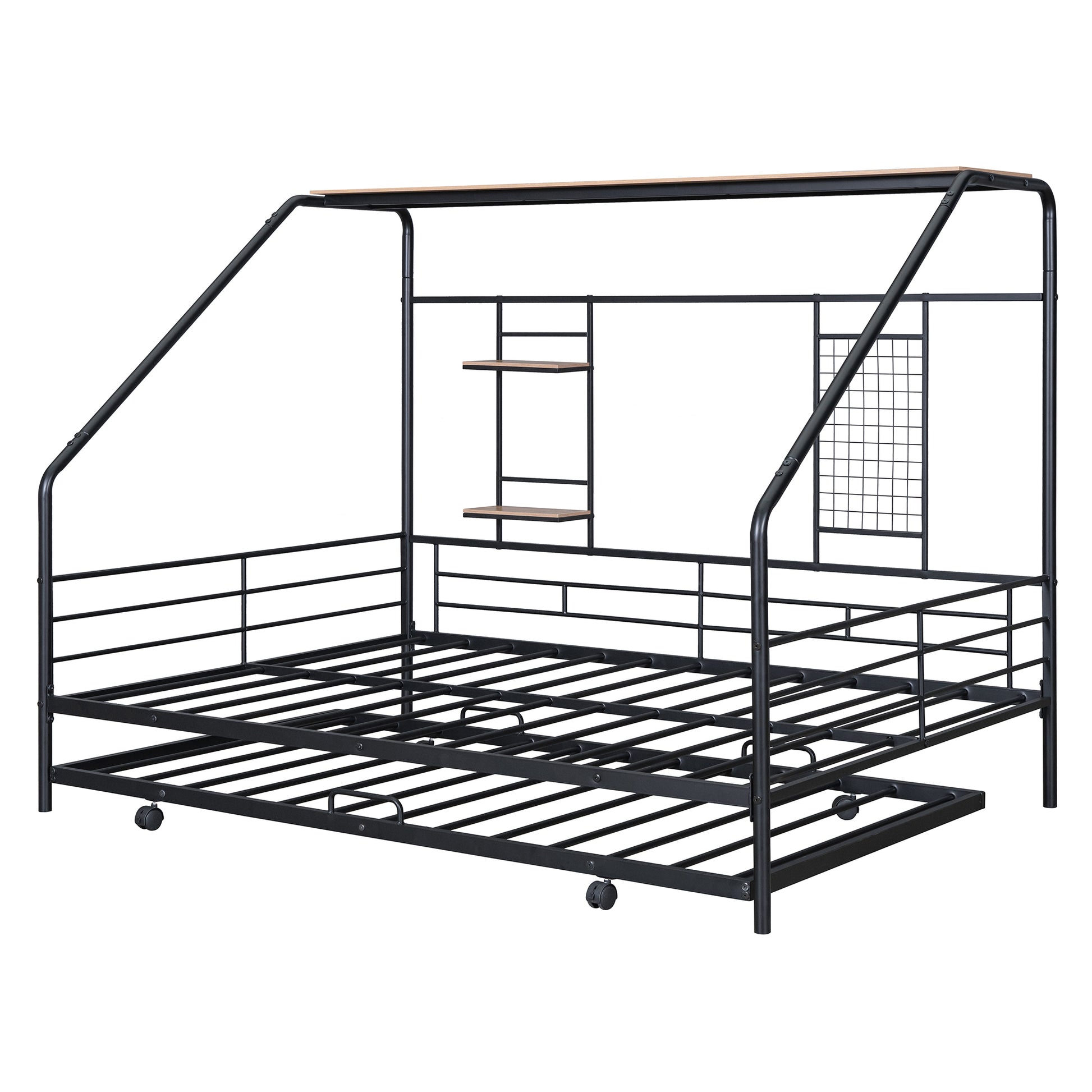 Full Size Metal House Bed With Trundle, Black Full Black Metal