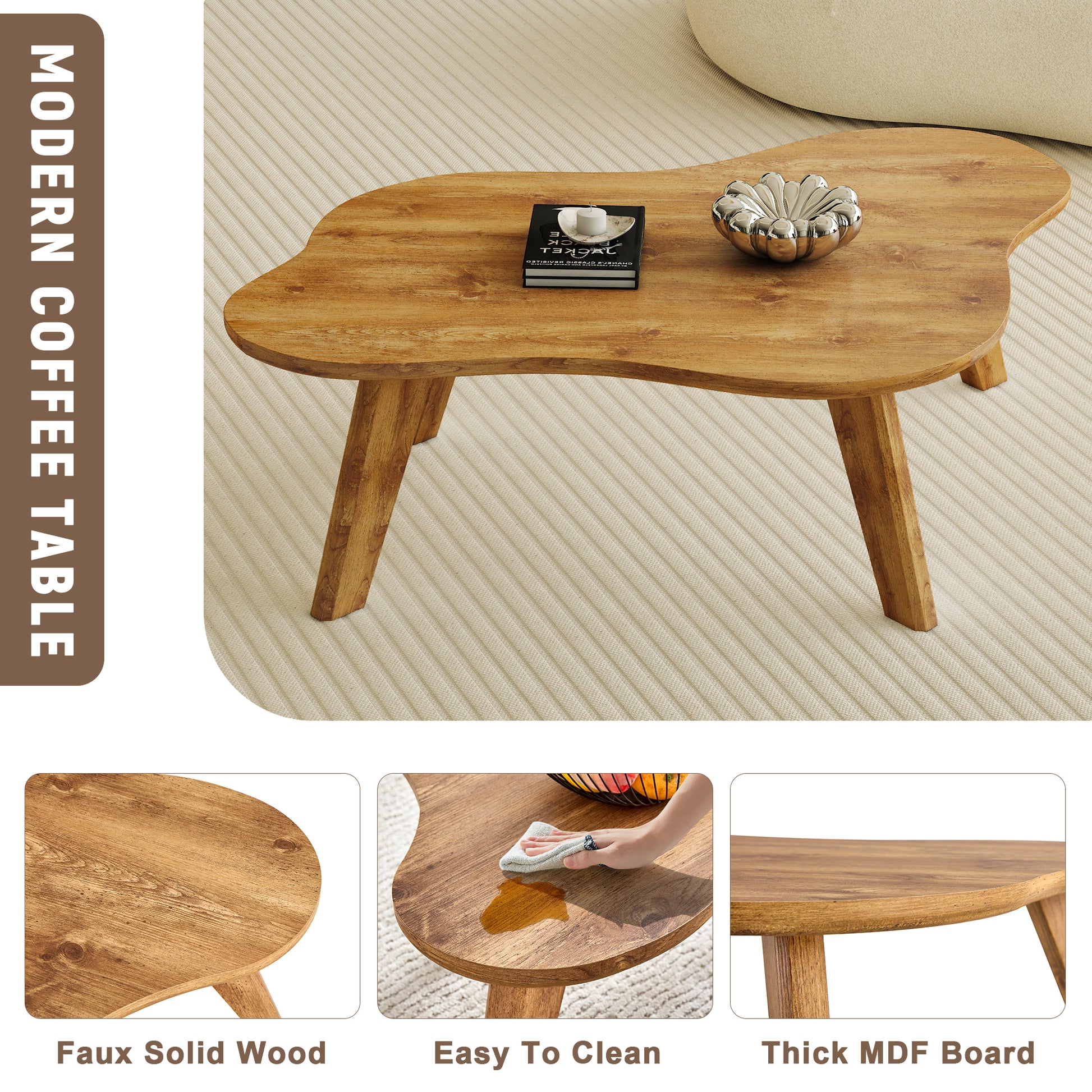 Modern Minimalist Wood Color Table Top. Solid Wood Legs, Cloud Shape To Give You A Experience, Computer Desk. The Game Table. Suitable For Dining And Living Rooms. Wood Mdf