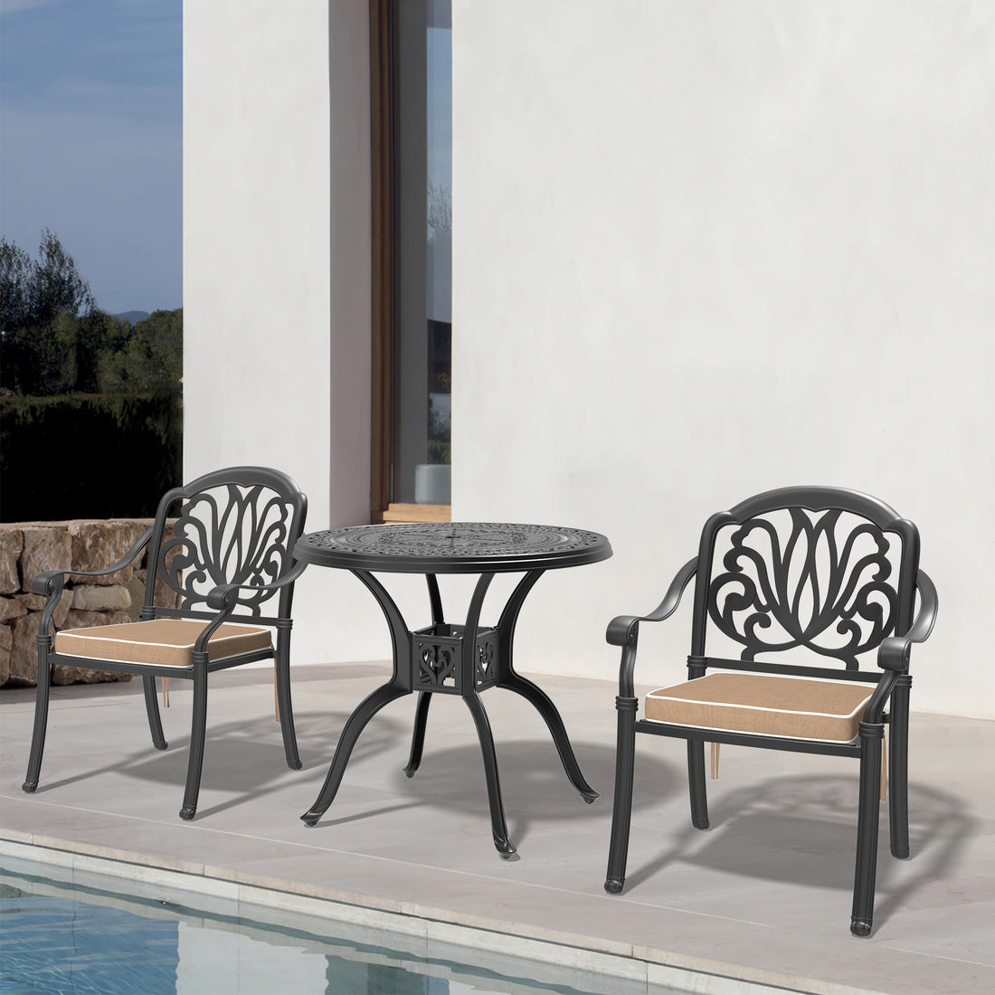 Cushions In Random Colors 3 Piece Set Of Cast Aluminum Patio Furniture With Cushions Yes Dining Set Black Seats 2 Rust Resistant Frame Water Resistant Cushion Garden & Outdoor Complete Patio Sets