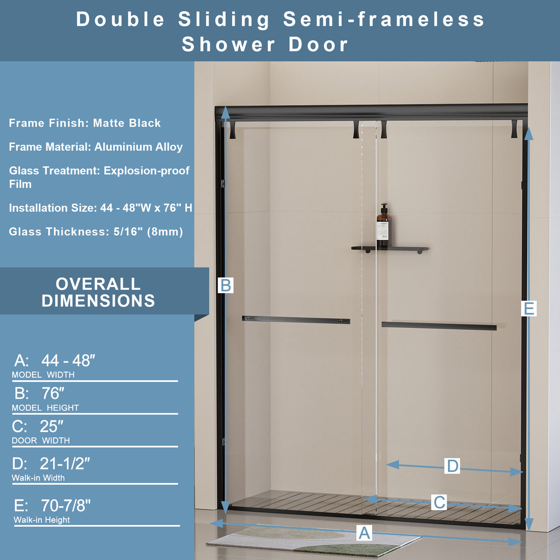 44 48 In. W X 76 In. H Semi Frameless Shower Door, Double Sliding Shower Door, 5 16" 8Mm Clear Tempered Glass Shower Door With Explosion Proof Film, Matte Black 24D212 48Mb Matte Black Stainless Steel