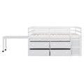 Full Size Loft Bed With Retractable Writing Desk And 4 Drawers, Wooden Loft Bed With Lateral Portable Desk And Shelves, White Full White Solid Wood Mdf