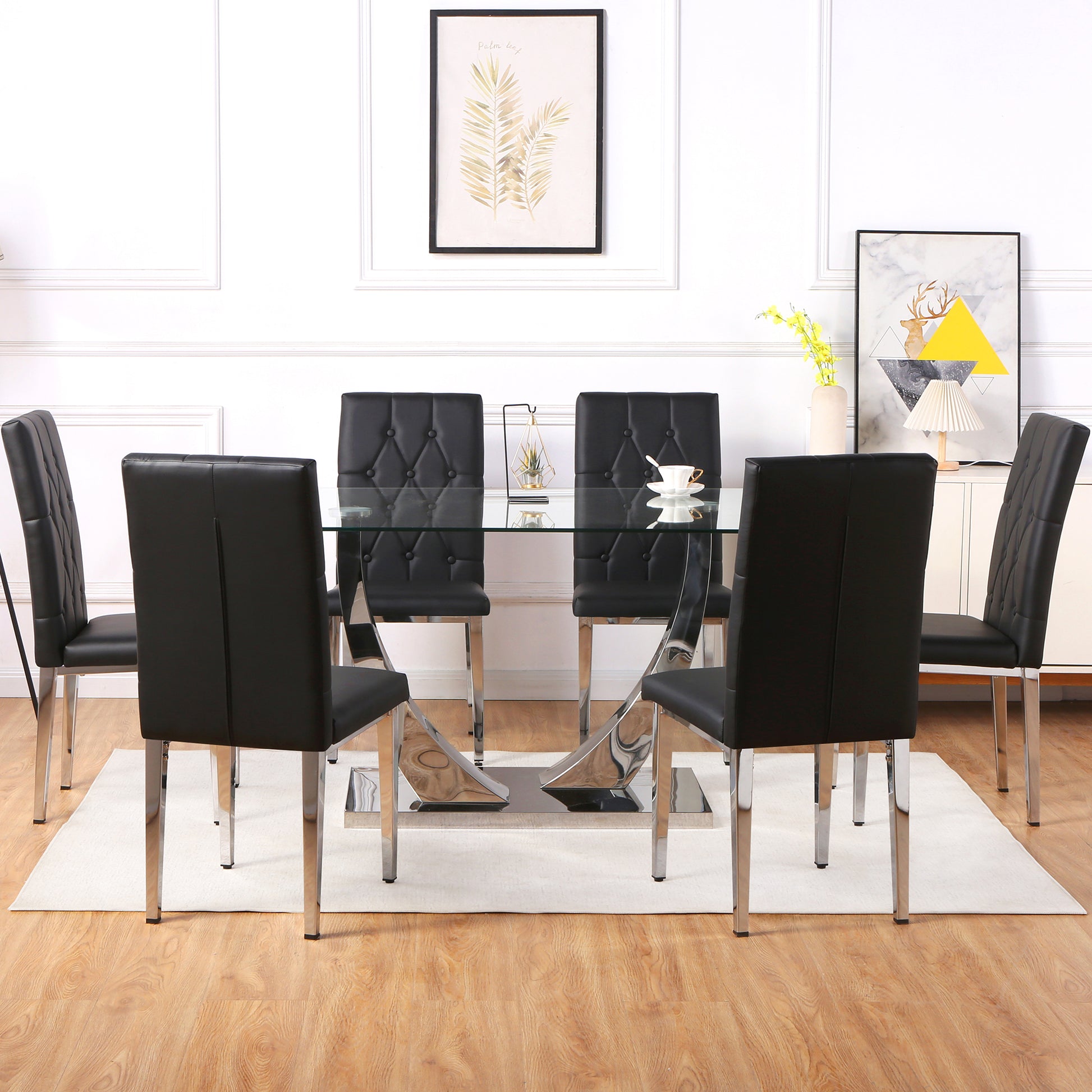Table And Chair Set, Modern Dining Table, Tempered Glass Tabletop And Silver Colored Leg Table, Soft And Comfortable Dining Chair, Perfect For Dinner, Meetings, Home And Office Decor Black Seats 6 Glass