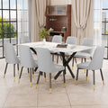 1 Table And 8 Chairs. A Rectangular Dining Table With A White Imitation Marble Tabletop And Black Metal Legs. Paired With 8 Chairs, Equipped With Pu Leather Seat Cushions And Black Metal Legs. F 1538 Grey Glass Metal