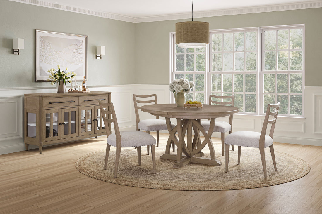 Round Dining Expandable Dining Table Sand Solid Wood Mdf