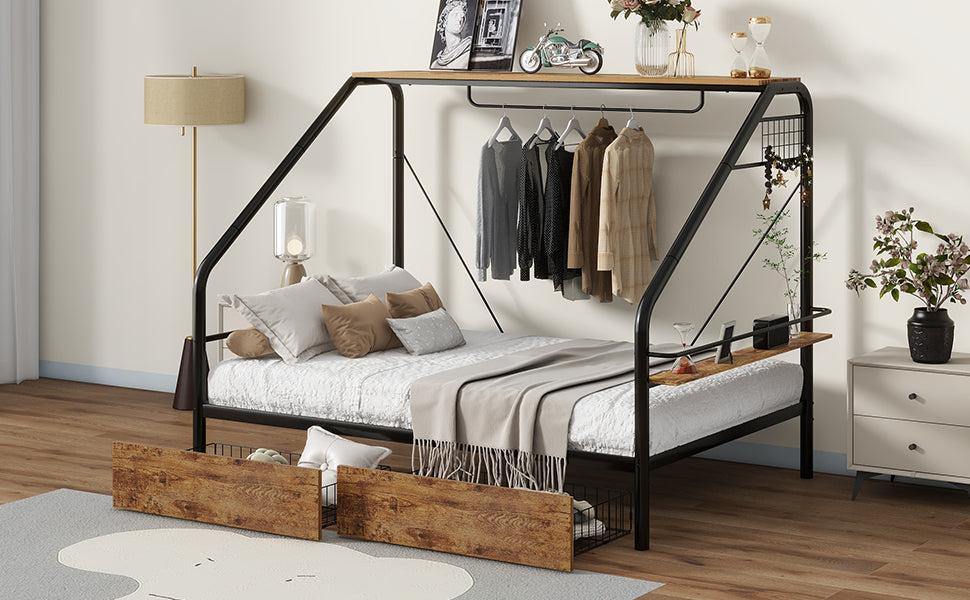 Full Size Metal Frame Platform Bed With Clothes Rack, Storage Shelves And 2 Drawers, Black Box Spring Not Required Full Black Metal Mdf Metal