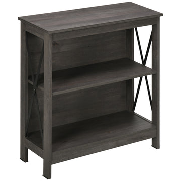 Homcom Industrial Style Corner Open Bookshelf With Storage Shelves And Metal X Bar Frame For Living Room, Dark Grey Grey Engineered Wood