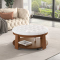 Modern Large Round Ottoman Coffee Table 2 Tier Oversized Button Tufted Ottoman With Wood Shelf Storage Upholstered Coffee Table For Living Room Footrest Ottoman With Wheel, Waterproof Linen Ivory White Rubber Wood