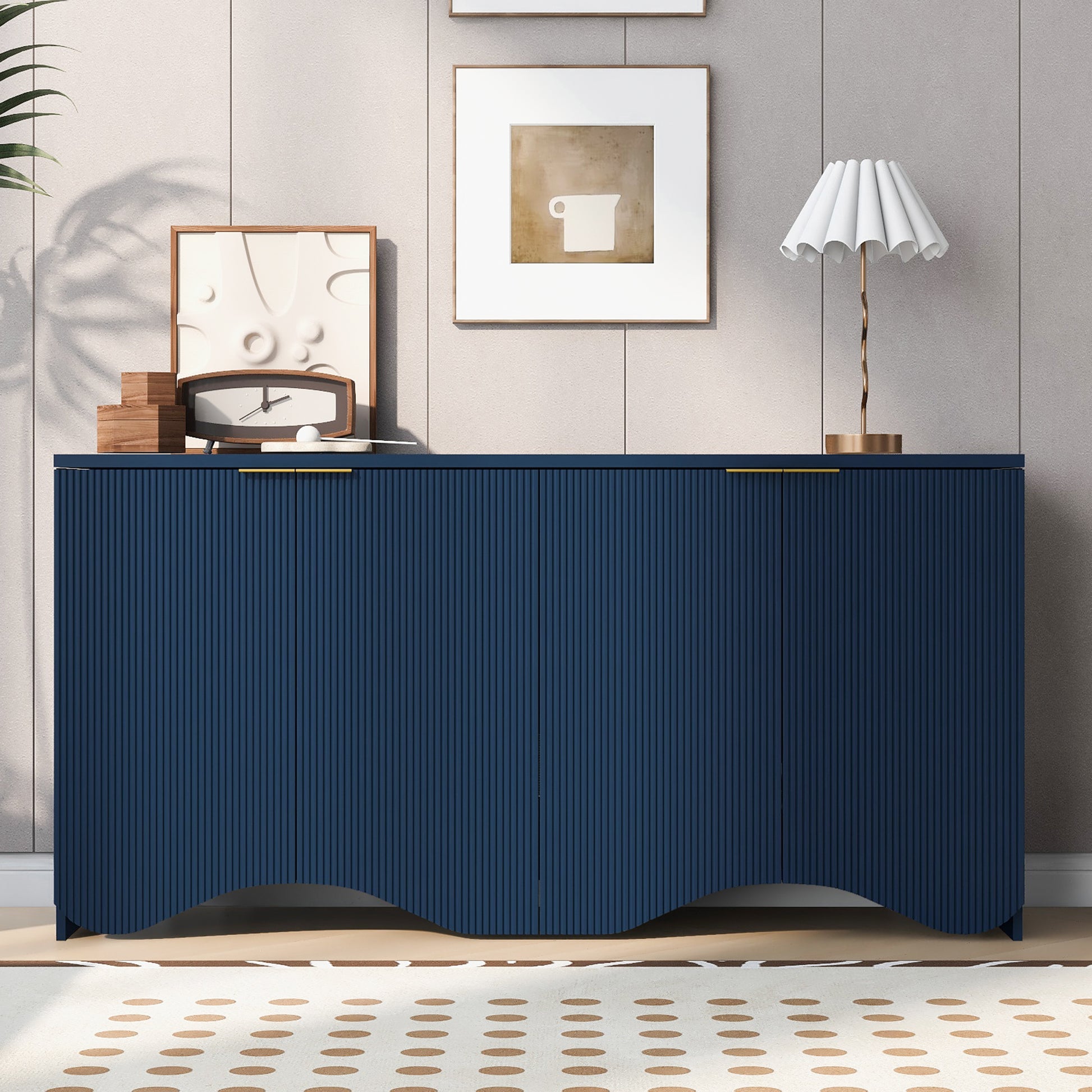 Vertical Stripes And Wavy Design Of A Four Door Cabinet Cabinet Suitable For Hallway, Entryway, Living Room 3 4 Spaces Navy Blue Artsy Mdf