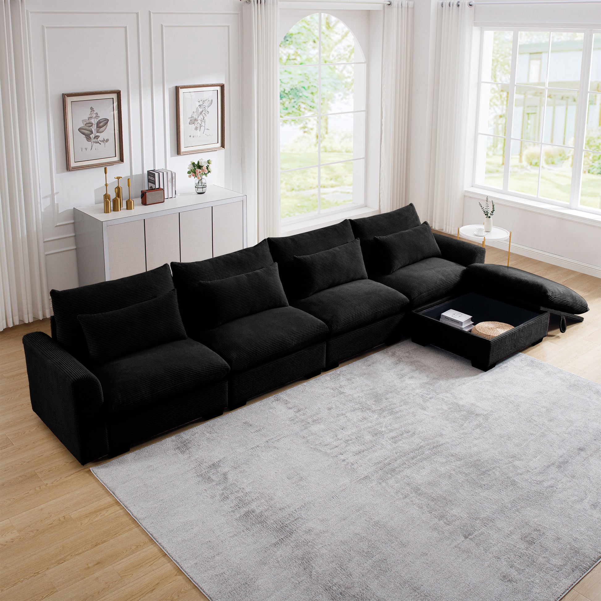 Large L Shape Sectional Corduroy Sofa,Deep Seat Couch With Storage Footstool And 4 Waist Pillows, Black Black Corduroy 4 Seat