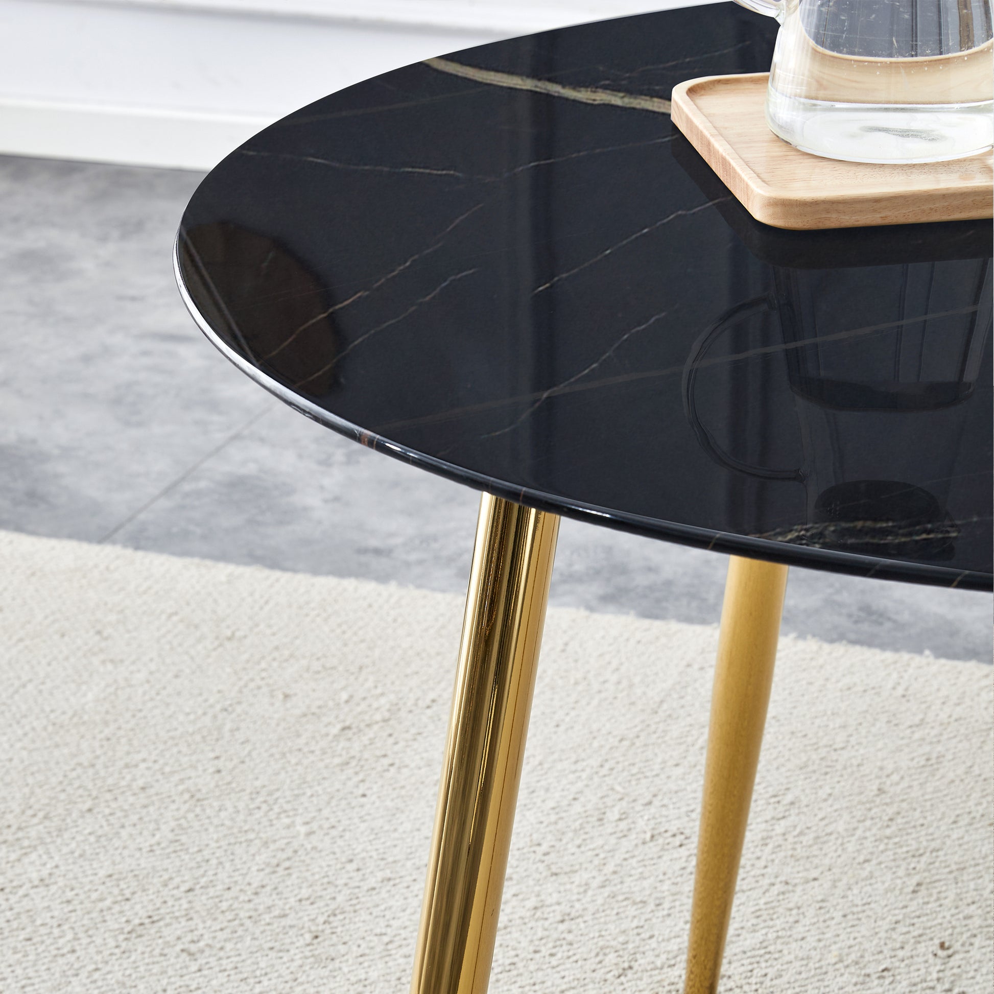 1 Table And 4 Chairs, A Modern Minimalist Circular Dining Table With A 40 Inch Black Imitation Marble Tabletop And Gold Plated Metal Legs, And 4 Modern Gold Plated Metal Leg Chairs. Black Gold Seats 4 Glass