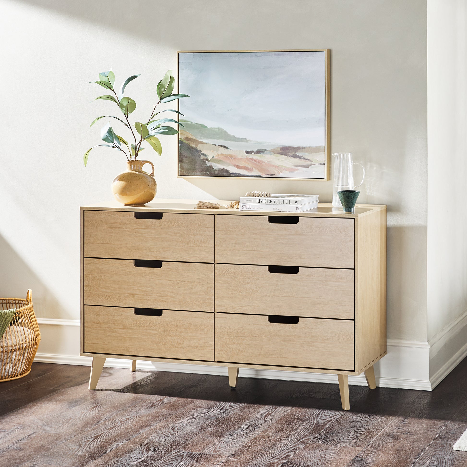 Mid Century Hans 6 Drawer Dresser With Cut Out Handles, Riviera Brown