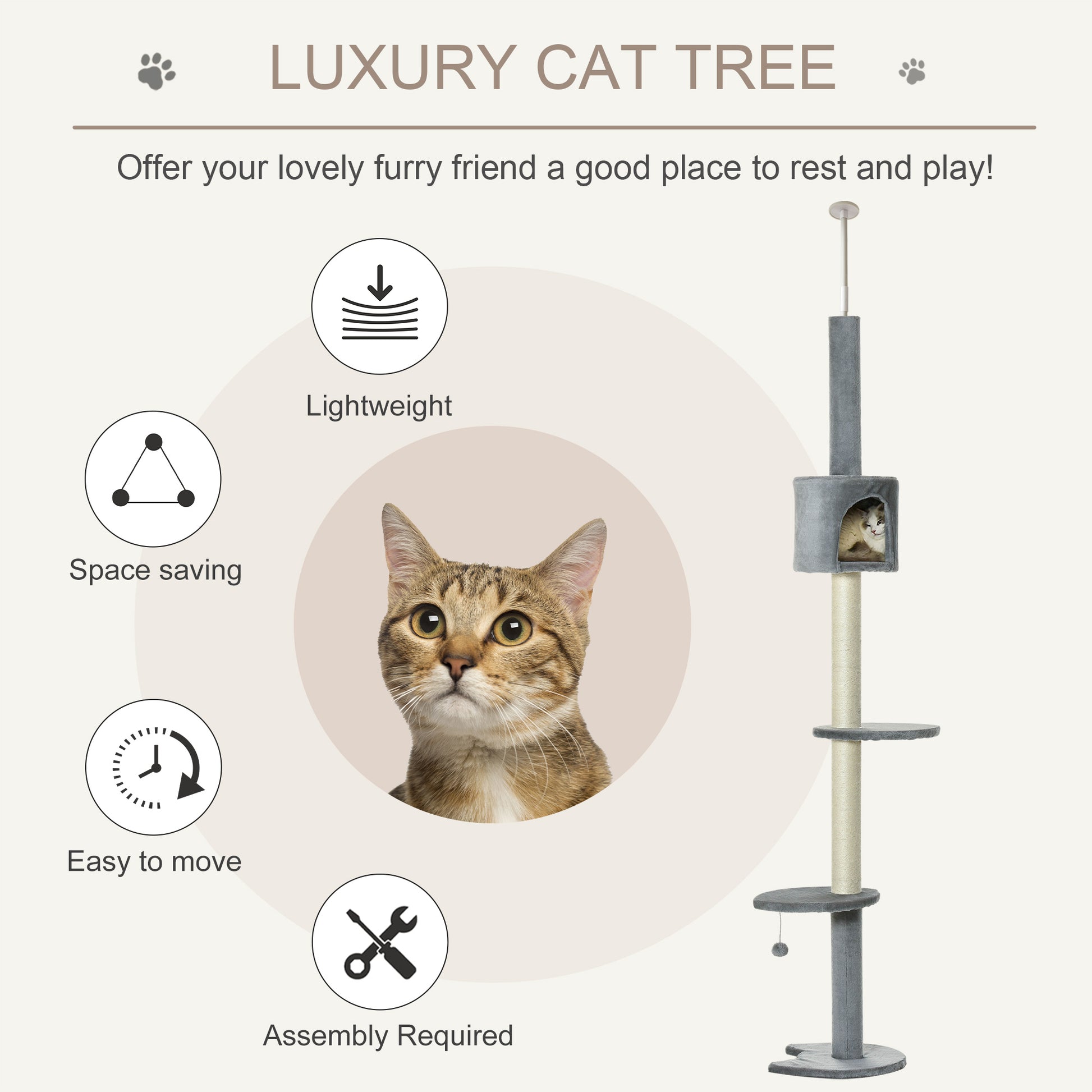 Pawhut 85.5" Cat Tree Height Adjustable Floor To Ceiling 4 Tier Kitty Climbing Activity Center Condo Cat Toy With Scratching Post Hanging Balls Play Rest Post Pet Furniture Grey Light Grey Particle Board