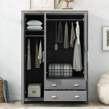 Three Door Storage Wardrobe With Cabinets And Two Hanging Rods,Gray Gray Mdf