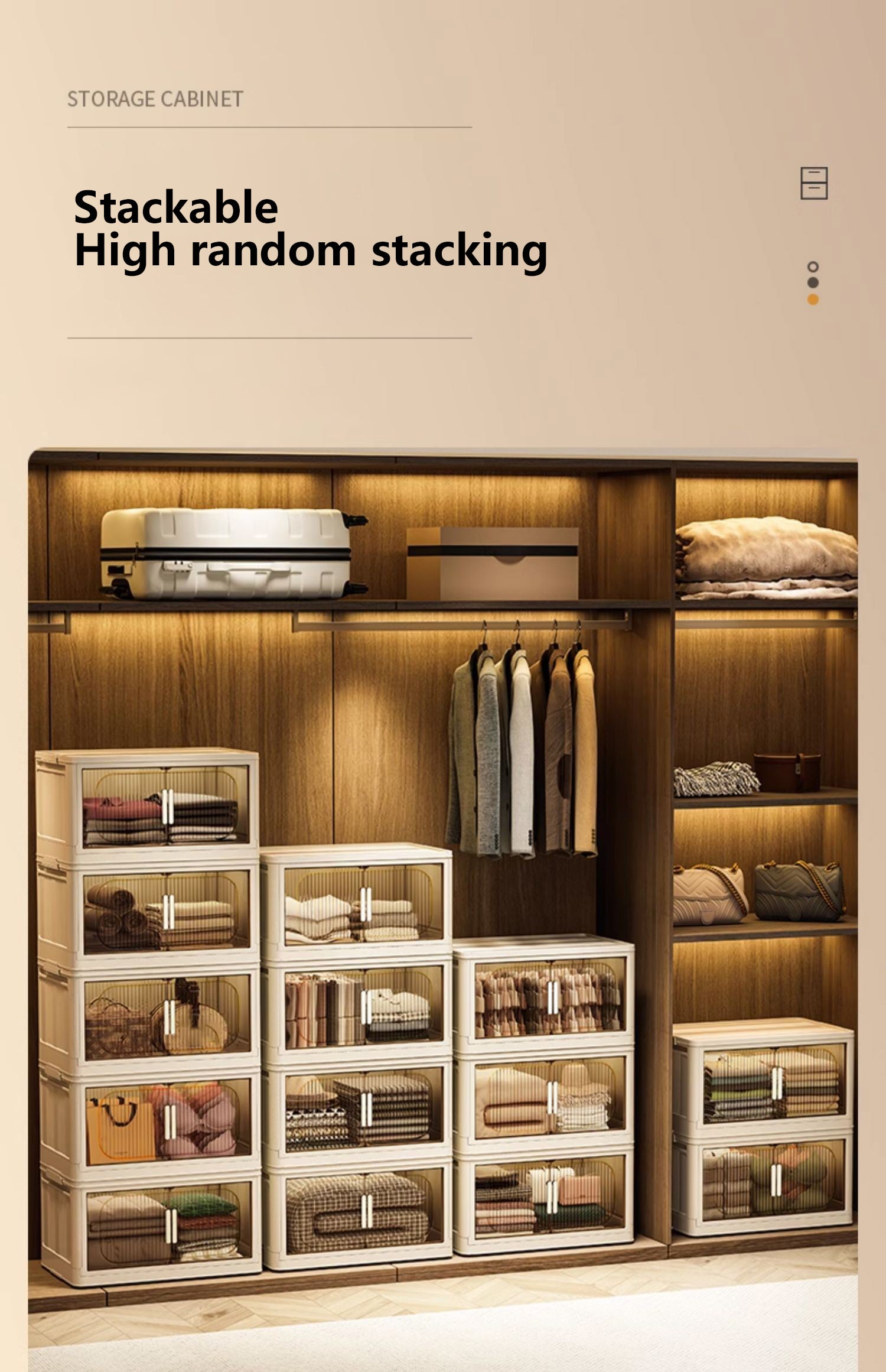 19.69" Side Wide Folding Storage Cabinet ,3 Tiers,19.69" 11.81" 31.1",Collapsible Storage Bins With Magnetic Door, Plastic Storage Cabinet With Wheels, Closet Organizers And Storage Containers Cream White Plastic