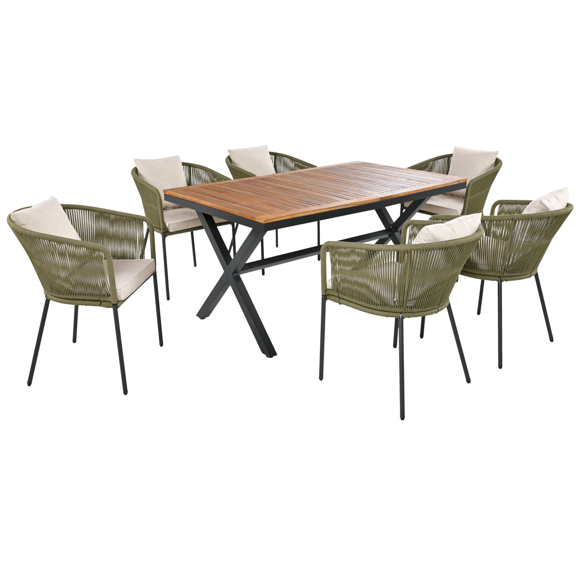 7 Pieces Patio Dining Set, All Weather Outdoor Furniture Set With Dining Table And Chairs, Acacia Wood Tabletop, Metal Frame, For For Garden, Backyard, Balcony, Green Yes Green Seats 6 Garden & Outdoor Complete Patio Sets Wood Wood Rope
