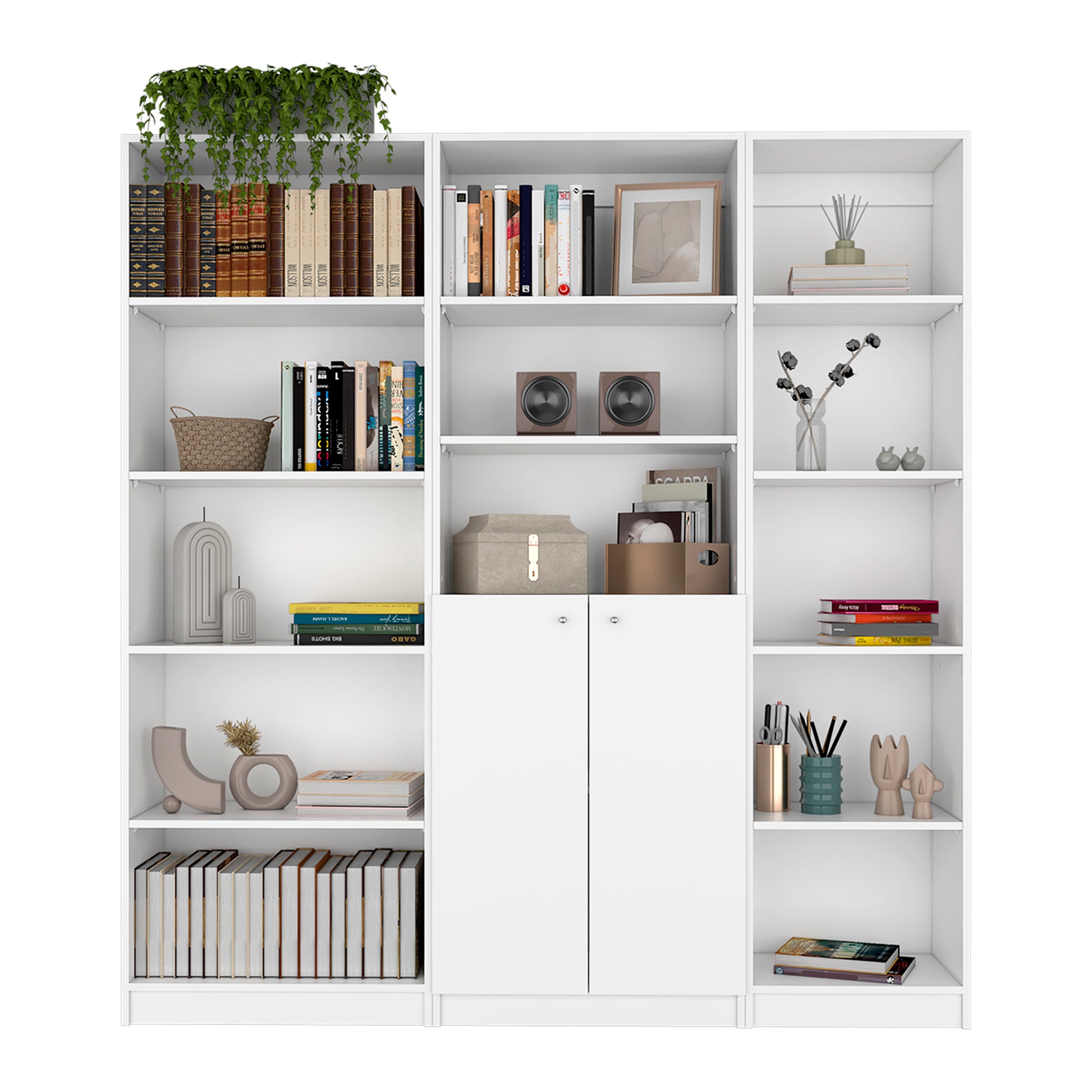 Poston 3 Piece Home Bookcase Set, 67" Wide With 13 Shelves And 2 Door Cabinetliving Room Set White White Particle Board