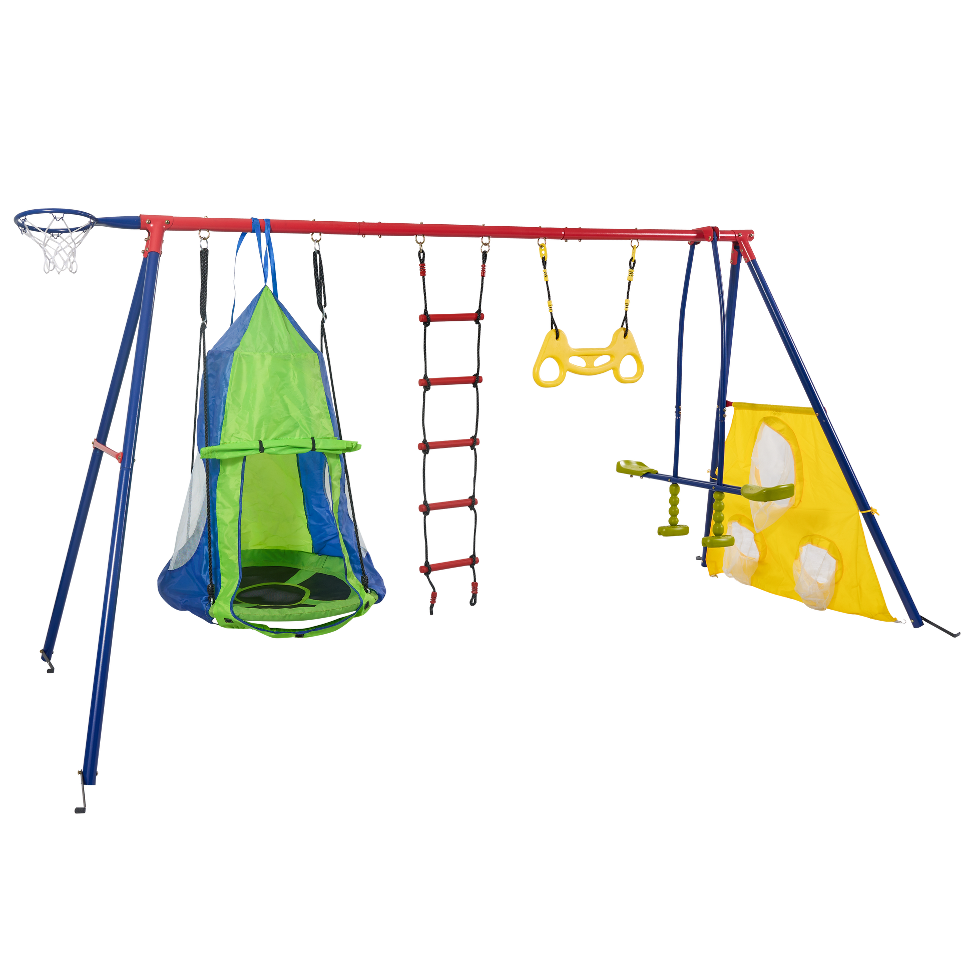 Xns092 Rinbow Colour Interesting Four Function Swingset With Net Swing And Face To Face Metal Plastic Safe Swing Seat 550Lbs For Outdoor Playground For Age 3 Blue Green Steel