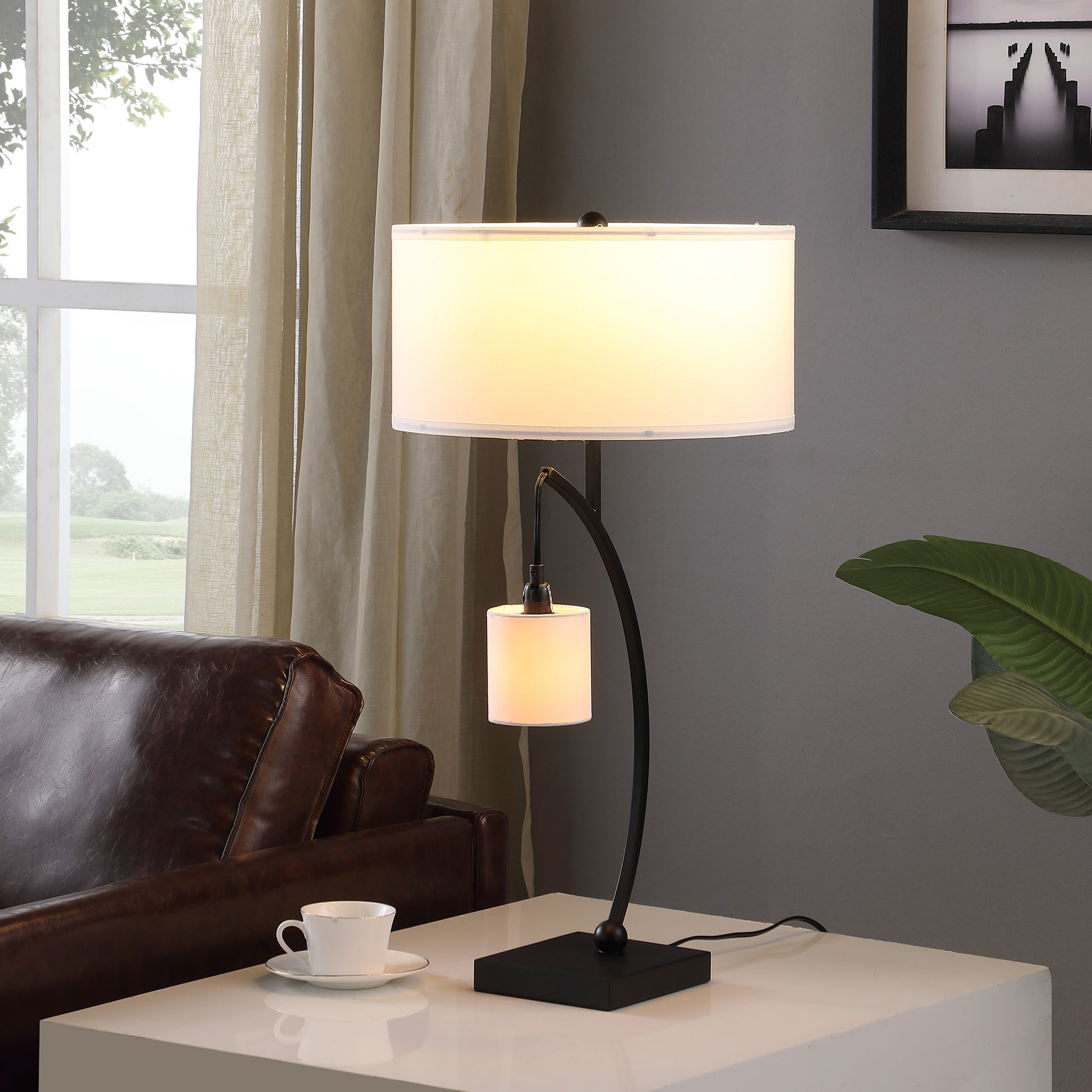 28.5" In Contemporary Dual Black Arc W Hanging Pendelum Lamp Metal Table Lamp Matte Black Metal