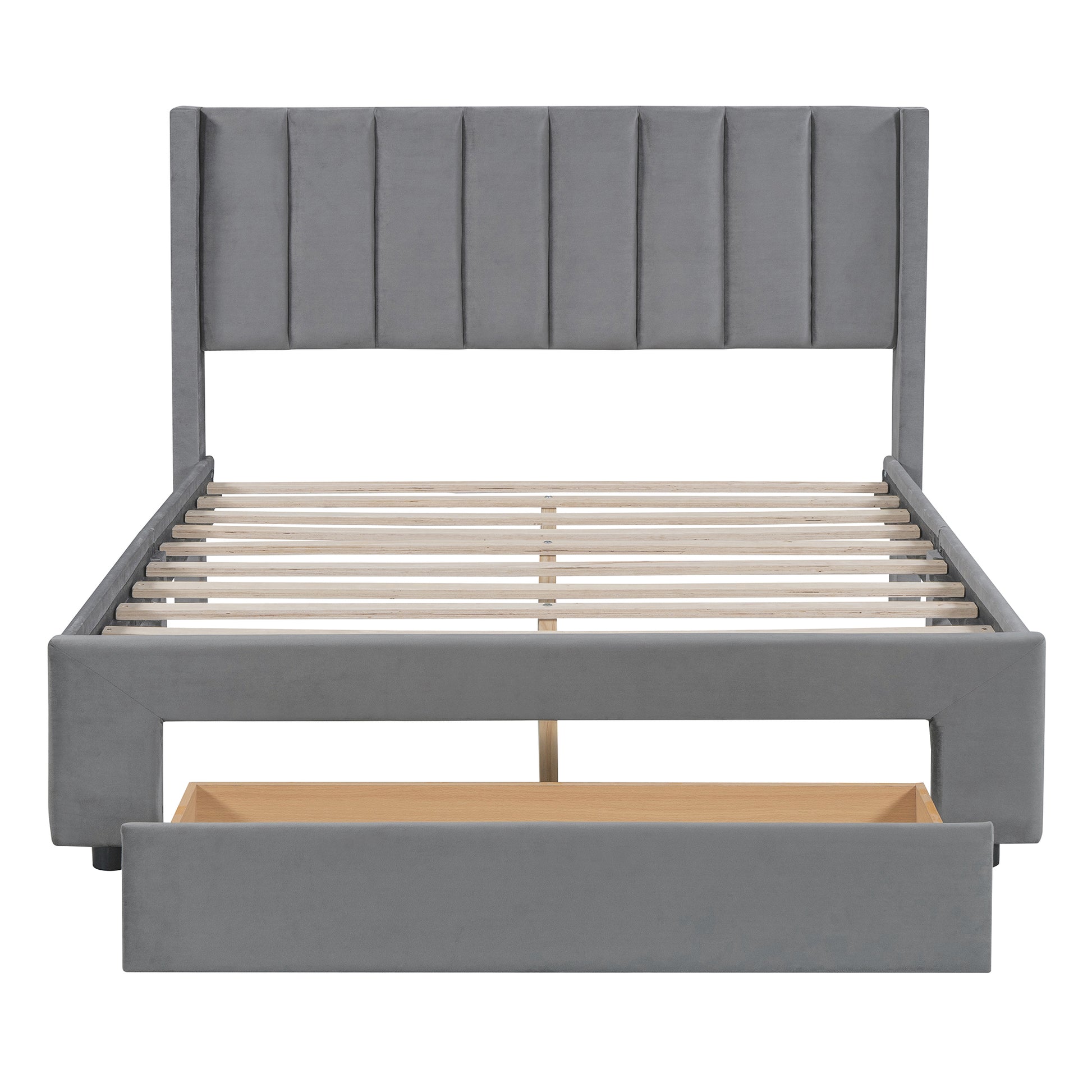 Full Size Storage Bed Velvet Upholstered Platform Bed With A Big Drawer Gray Old Sku:Wf296850Aae Full Gray Velvet